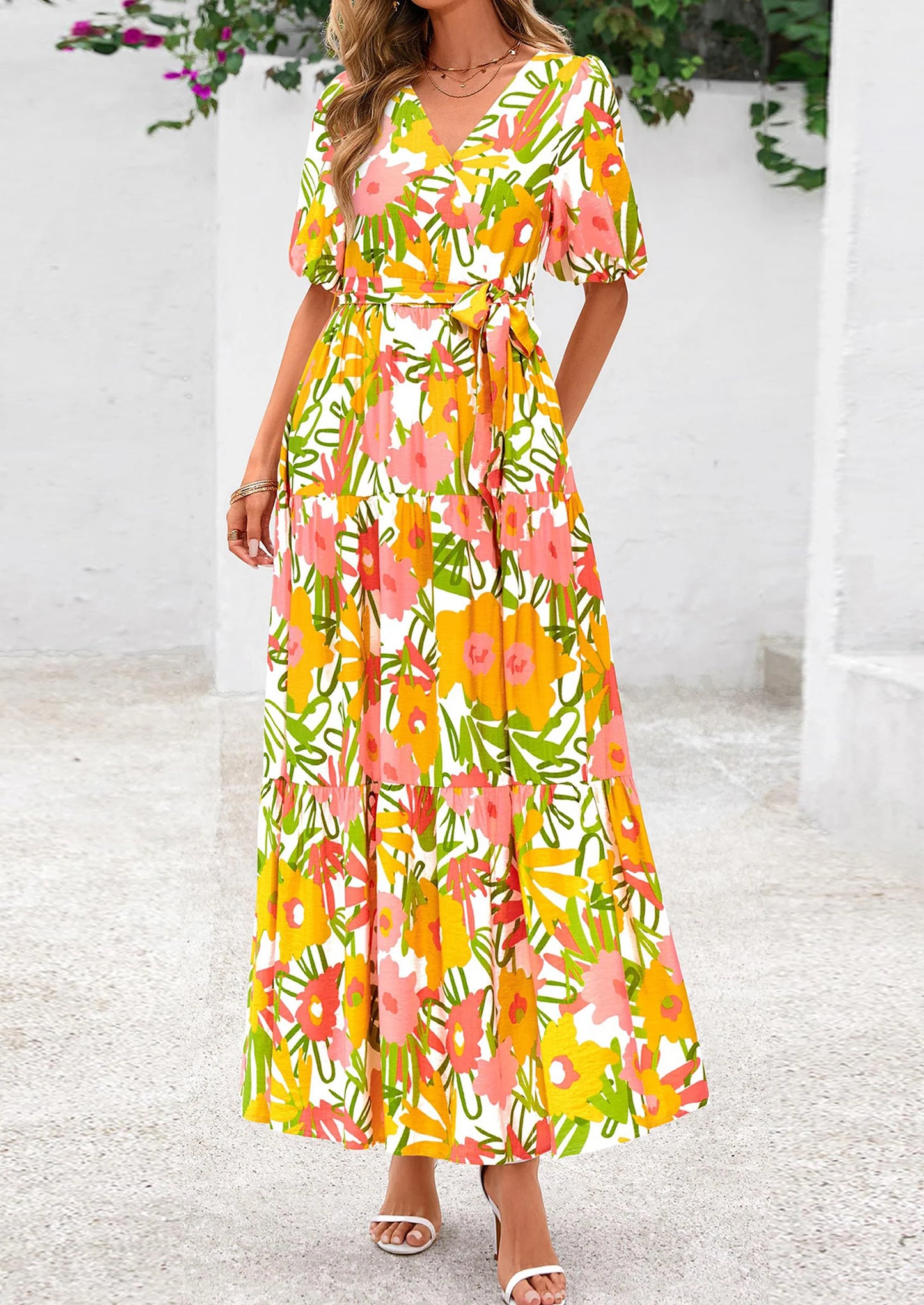 Women's Maxi Dress Resort Wear Boho Floral V Neck Puff Short Sleeve Ruffle Flowy Beach Long Dresses