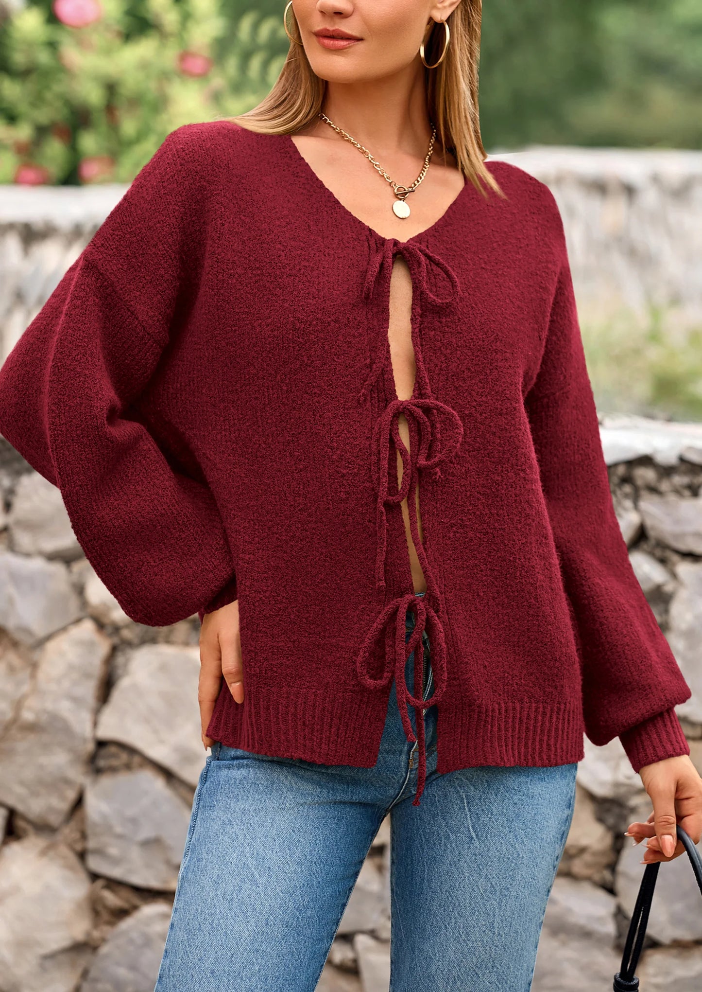 Women's Tie Front Bow Cardigan Sweaters Chunky Knit Long Puff Sleeve Trendy Fall Winter Jacket Coats