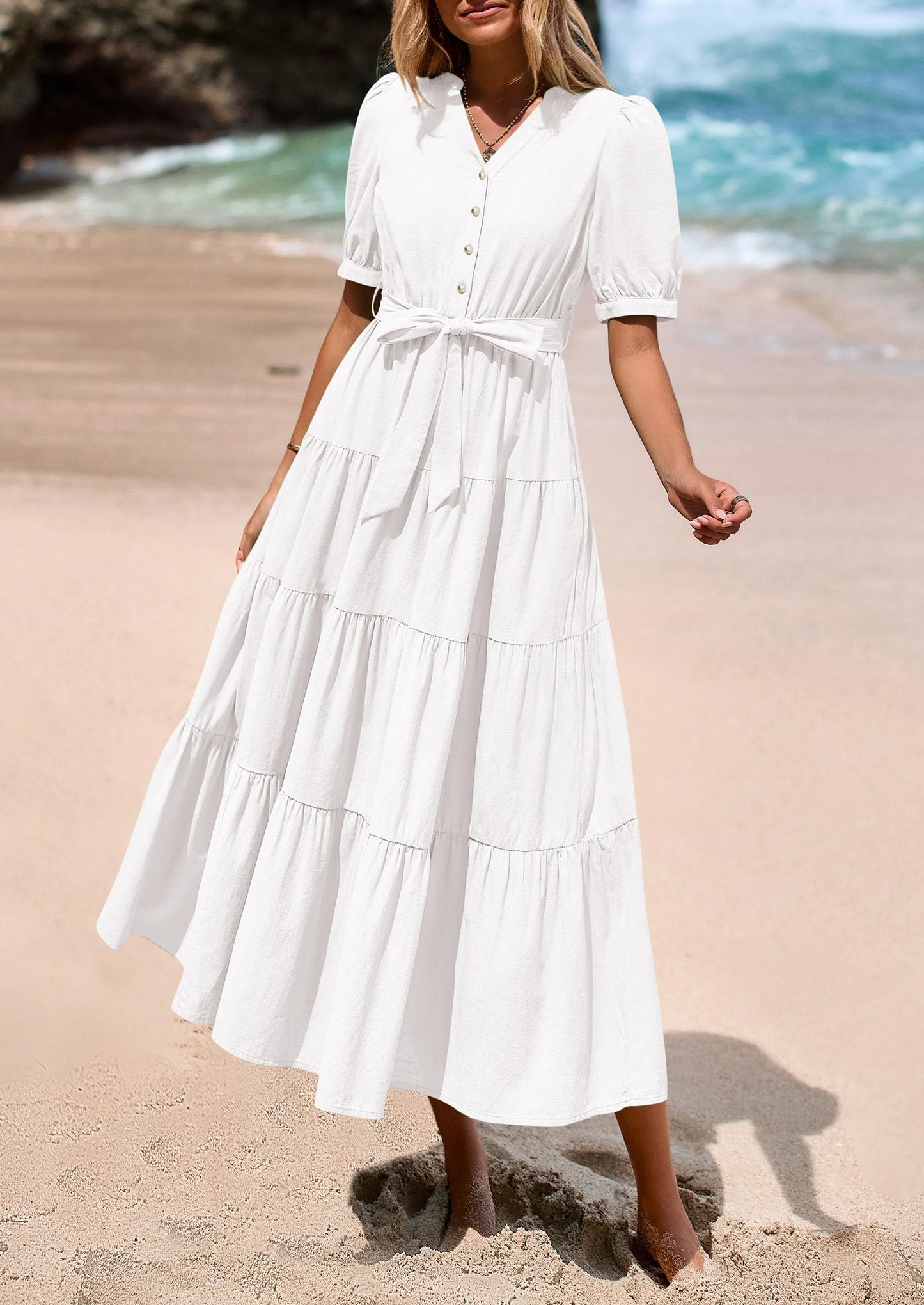Women's Midi Dress Casual Short Sleeve V Neck Buttons Belted Ruffle A Line Flowy Dress with Pockets