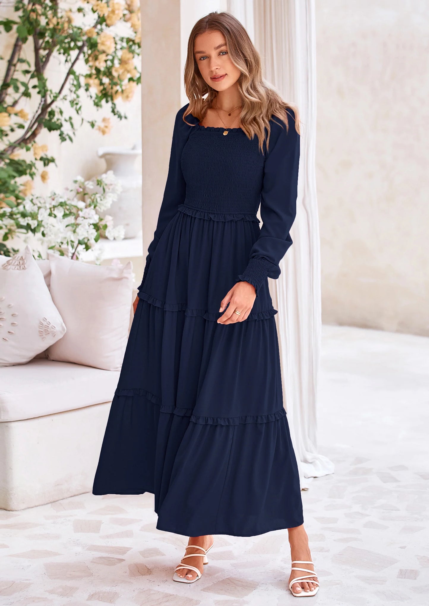 Fall Wedding Guest Dresses for Women Long Sleeve Square Neck Tiered A Line Modest Elegant Flowy Dresses