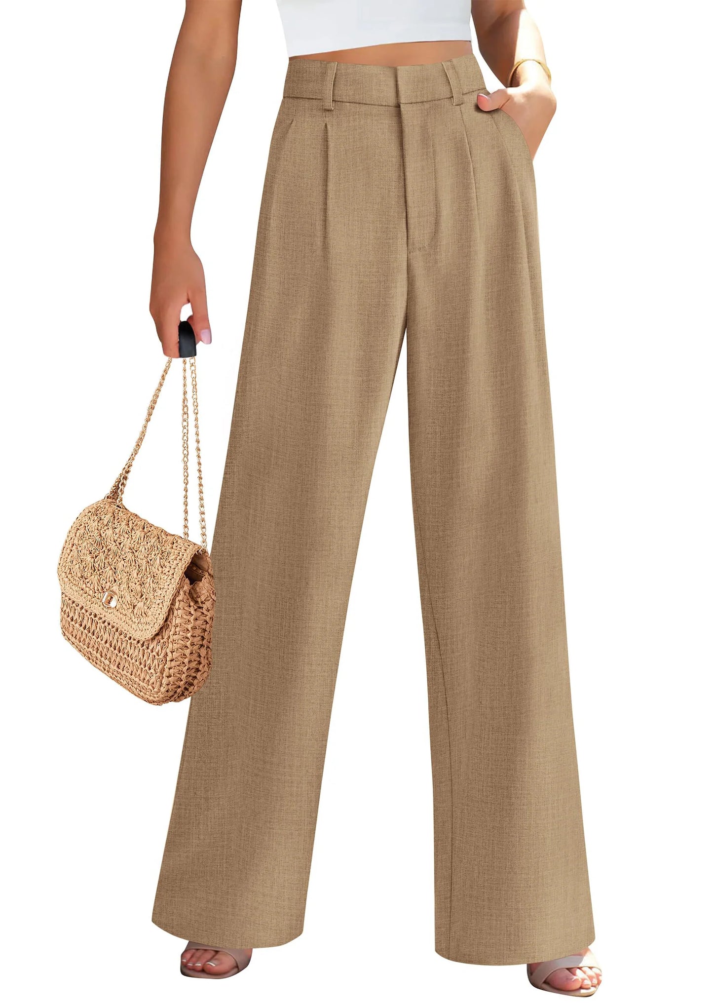 Women's Summer Elastic High Waisted Work Pants Straight Leg Dressy Business Casual Trousers Slacks Pockets
