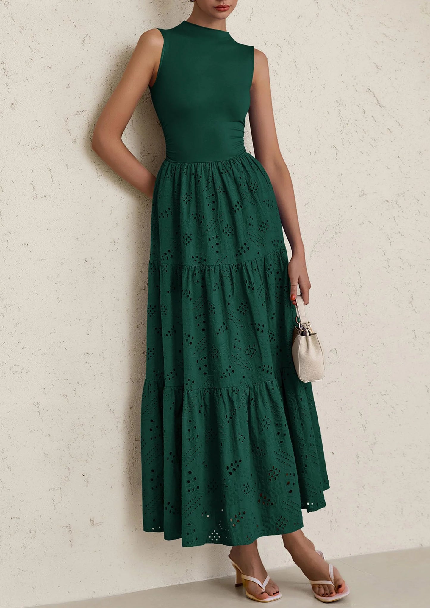 Dresses for Women Casual Eyelet Sleeveless Wedding Guest Maxi Dress Tank Top Sundress with Pockets