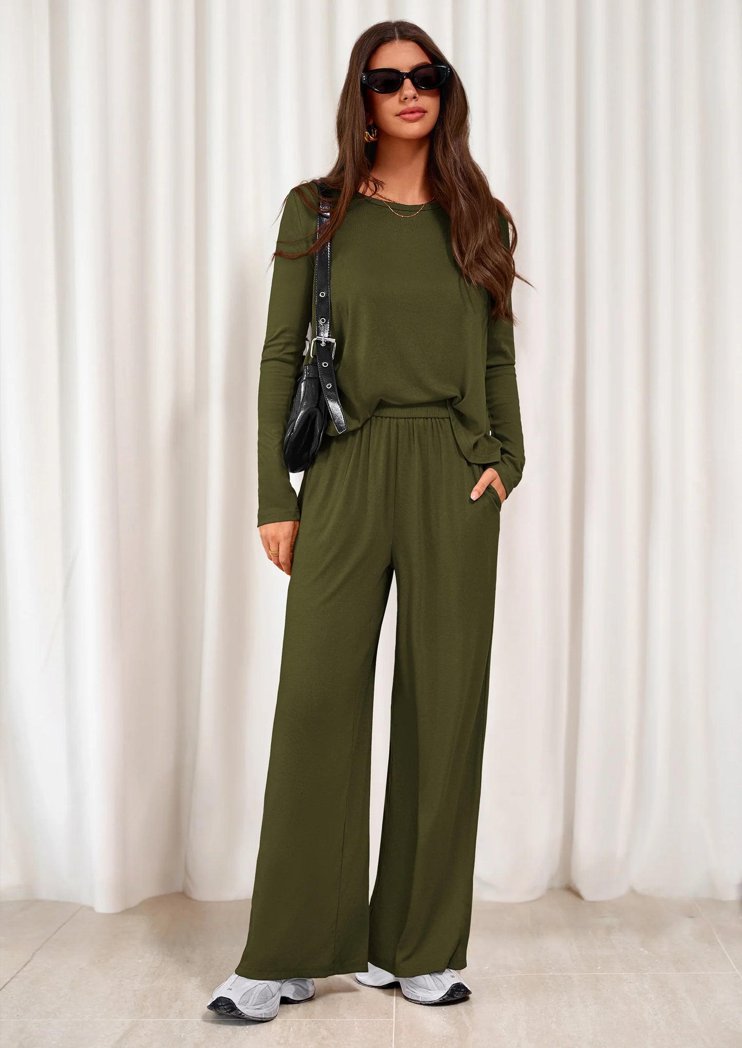 Women's 2 Piece Fall Sets  Casual Long Sleeve Shirts Wide Leg Pants Lounge Travel Outfits Fashion Clothing