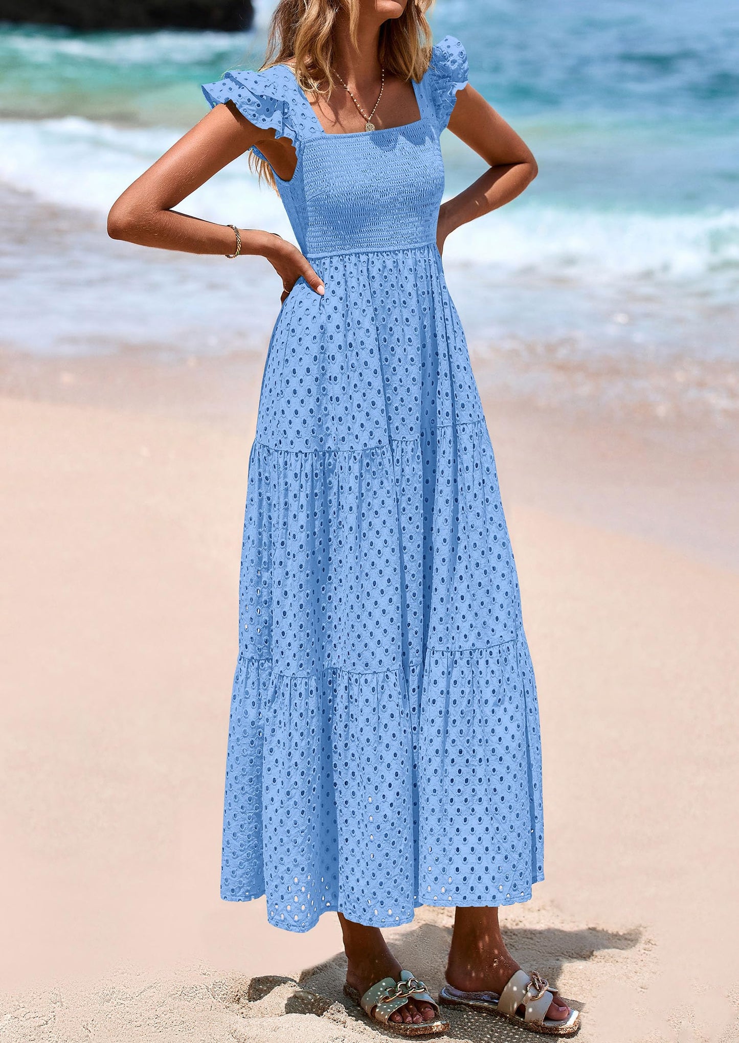 Womens Square Neck Maxi Dresses Cap Sleeve Eyelet Smocked Tiered A Line Flowy Long Dress with Pockets