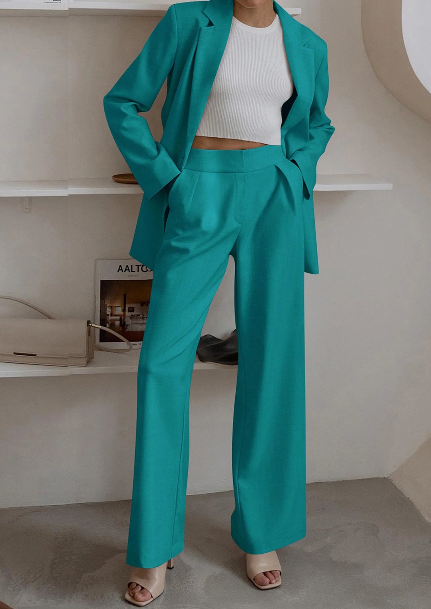 Women's Fall Two Piece Outfits Dressy Blazer Jacket and Wide Leg Pants Pockets Business Casual Office Suit Sets
