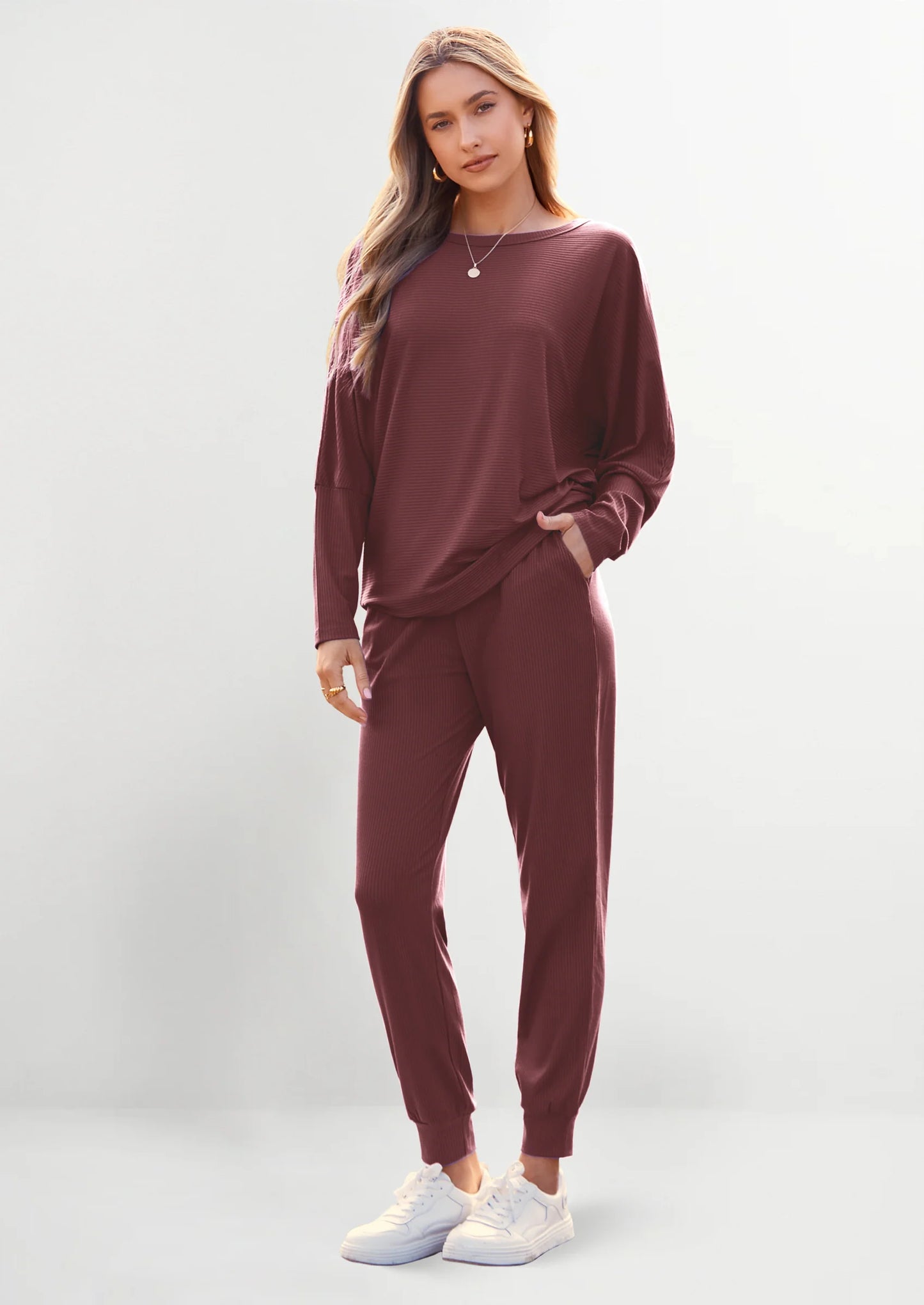 Women's Fall 2 Piece Lounge Set Long Sleeve Tops Ribbed Pants Spring Matching Sweatsuit Travel Outfits Clothes