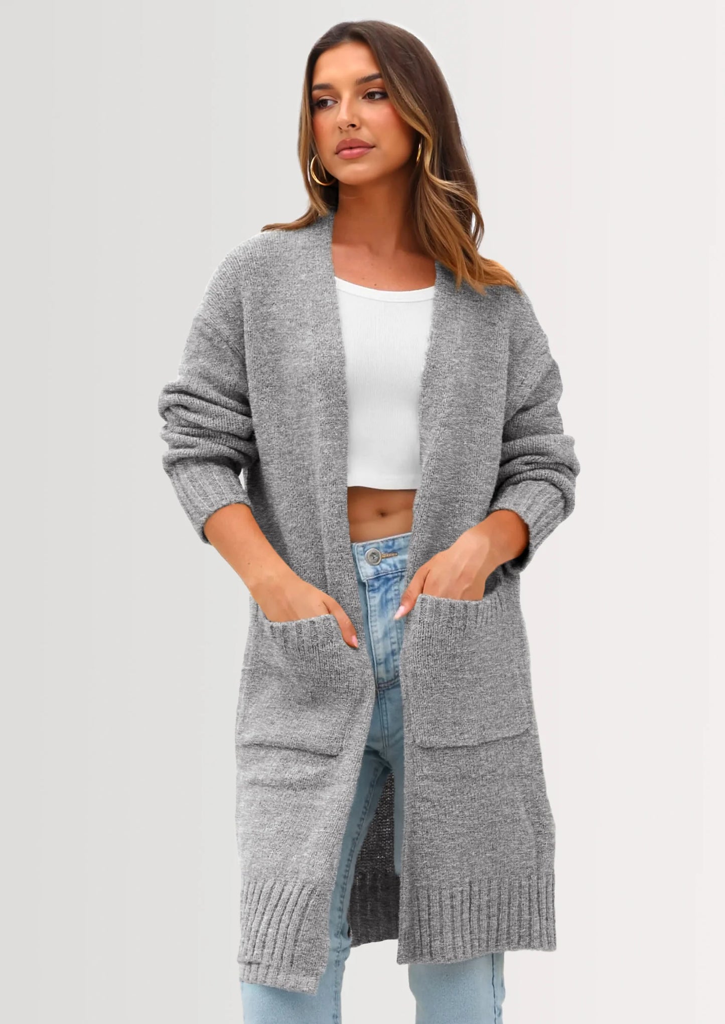 Fall Long Sleeve Cardigan Sweaters for Women Trendy Winter Open Front Loose Knitted Cardigans with Pockets
