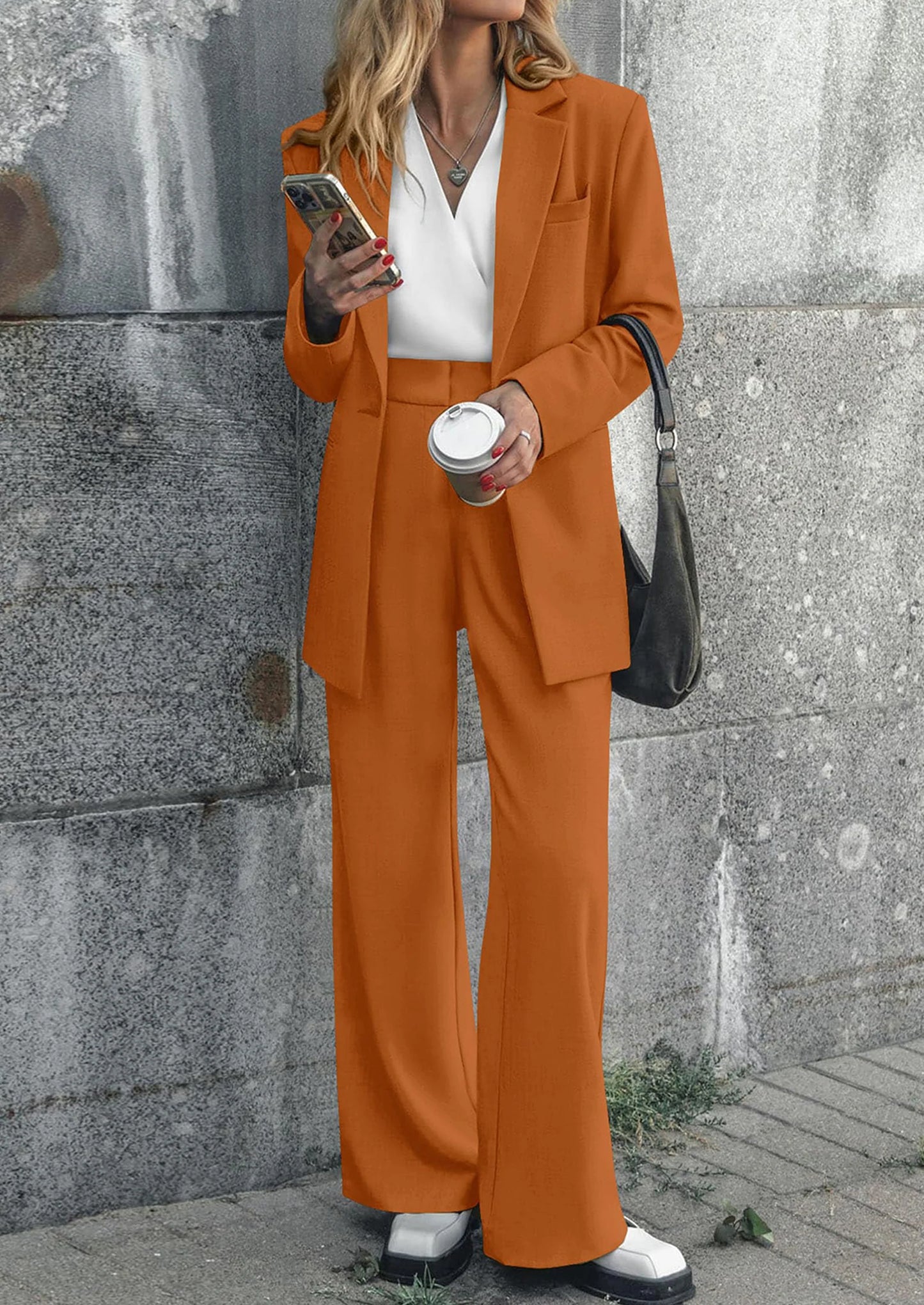 Women's Fall Two Piece Outfits Dressy Blazer Jacket and Wide Leg Pants Pockets Business Casual Office Suit Sets