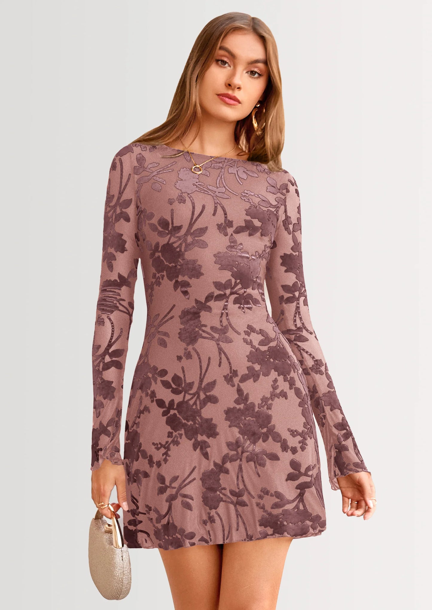 Women's Fall Fashion Floral Long Sleeve Mini Dress Mesh Bodycon Short Party Date Night Going Out Dresses