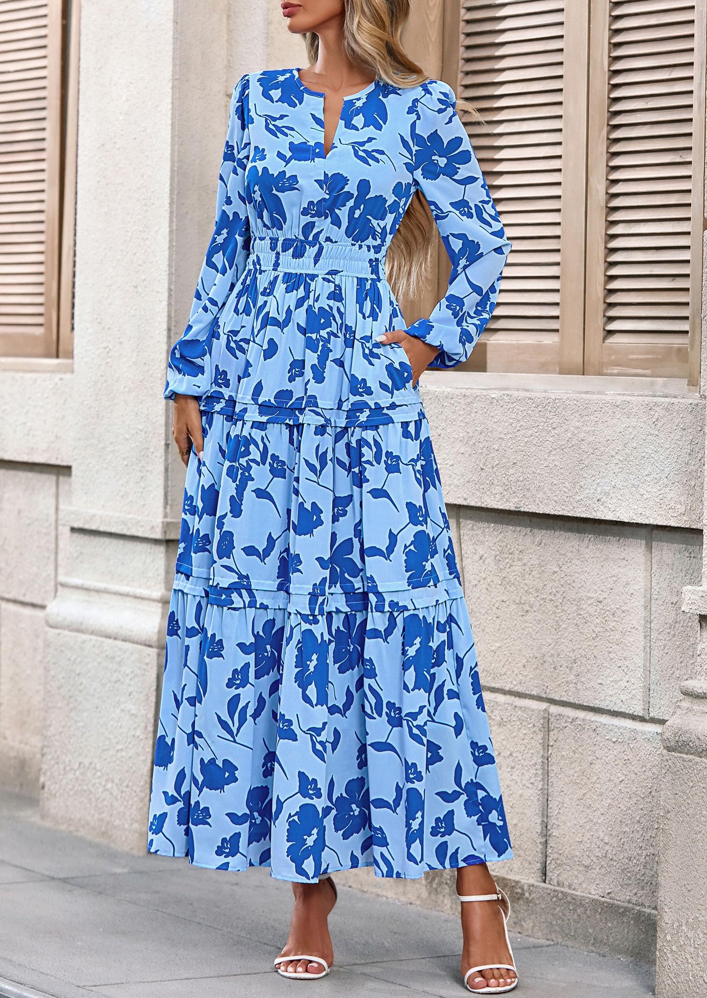 Women's Fall Boho Maxi Dresses Floral Long Sleeve V Neck Flowy Elegant Wedding Guest Dress Vacation Outfits