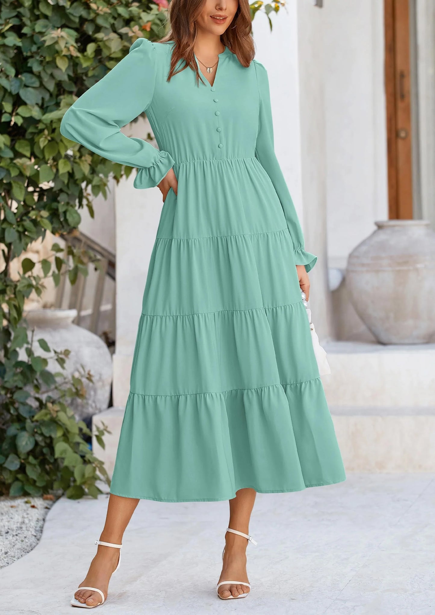 Women Fall Long Sleeve Smocked Maxi Dress Casual Square Neck Swiss Dot Tiered Ruffle Flowy Spring Pocket Dresses