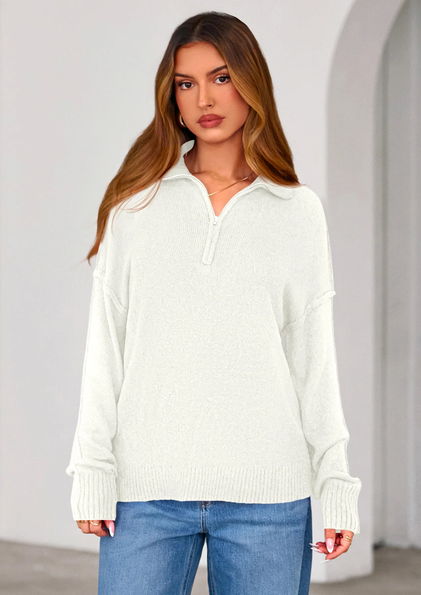 Womens Sweaters Quarter Zip Pullover Early Fall Fashion Long Sleeve V Neck Collared Knit Winter Jumper Tops