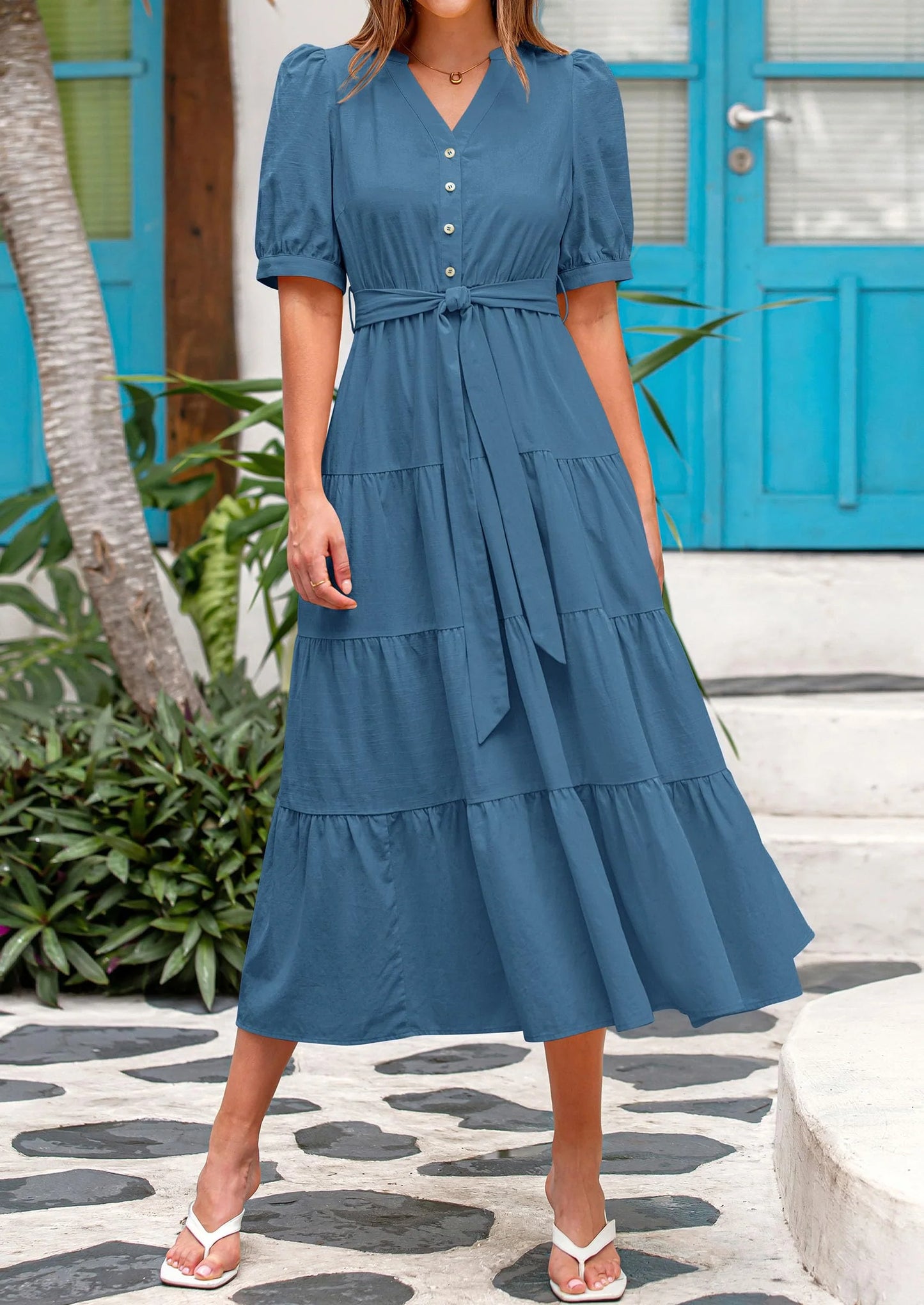 Women's Midi Dress Casual Short Sleeve V Neck Buttons Belted Ruffle A Line Flowy Dress with Pockets
