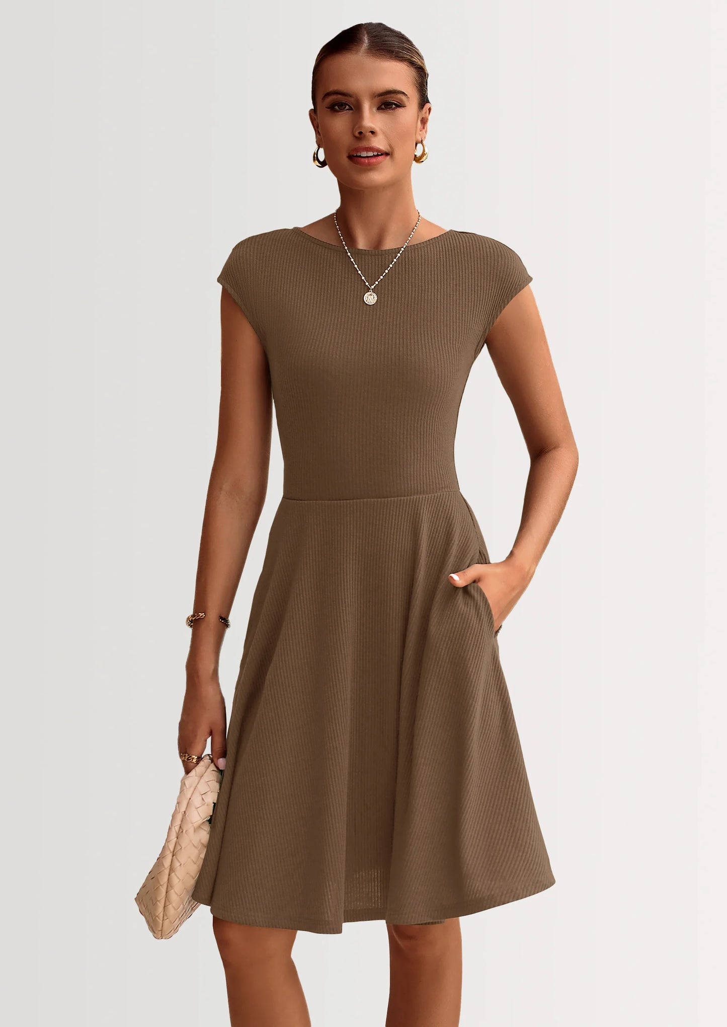 Womens Short Summer Dress Crewneck Cap Sleeve Ribbed Knit Casual Flowy A Line Mini Sundresses with Pockets