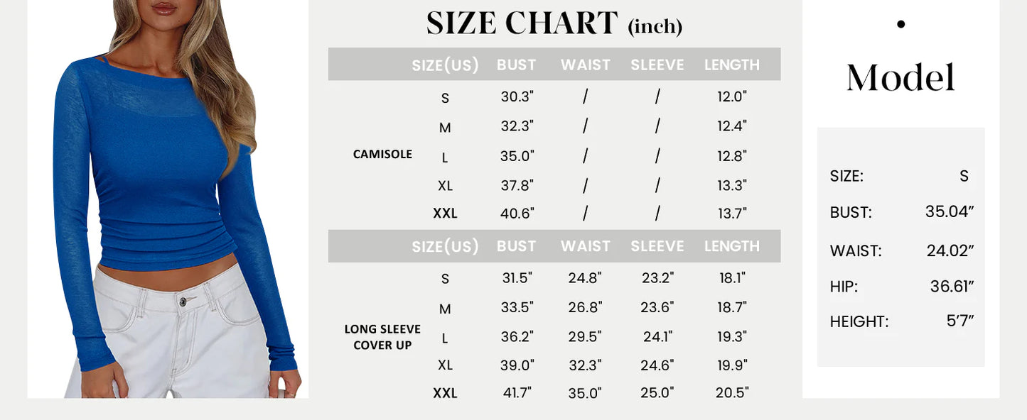Women's Long Sleeve Sheer Crop Tops Boat Neck See Through Cover Up with Spaghetti Strap Camisole 2 Piece Blouses