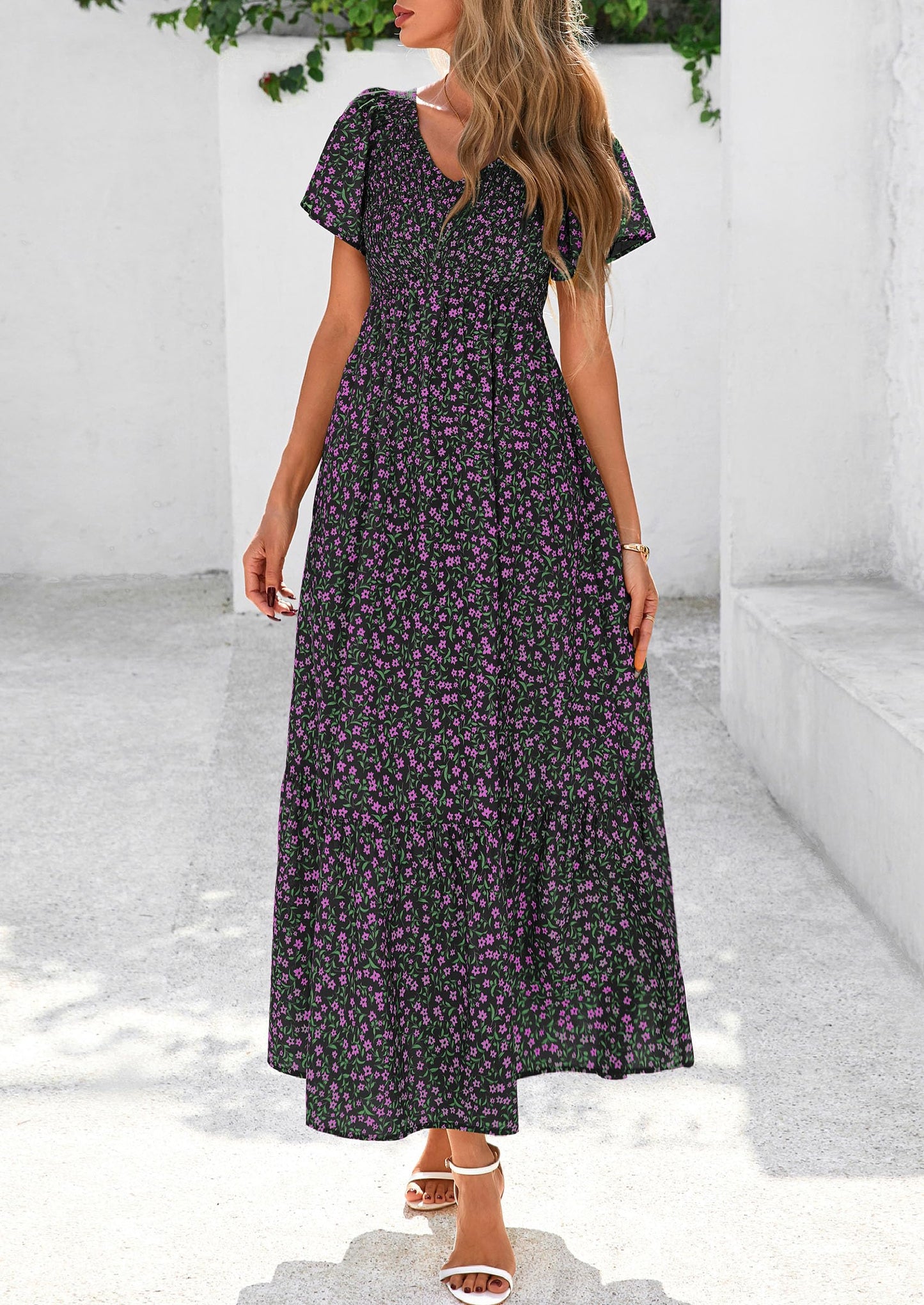 Women Floral Boho Maxi Dresses Short Sleeve V Neck Smocked A Line Long Flowy Beach Vacation Dress