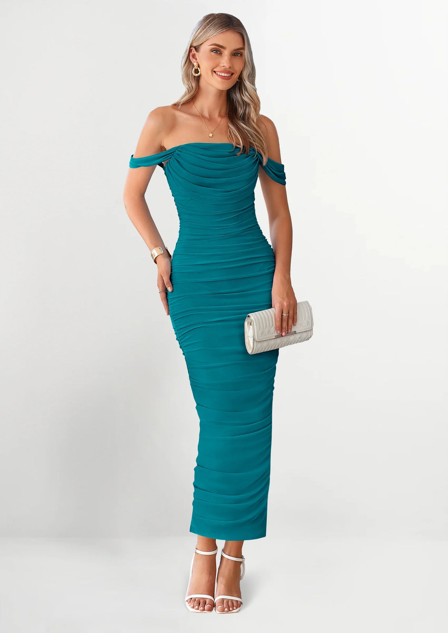 Womens Off The Shoulder Dress Ruched Bodycon Sleeveless Split Cocktail Party Maxi Dresses