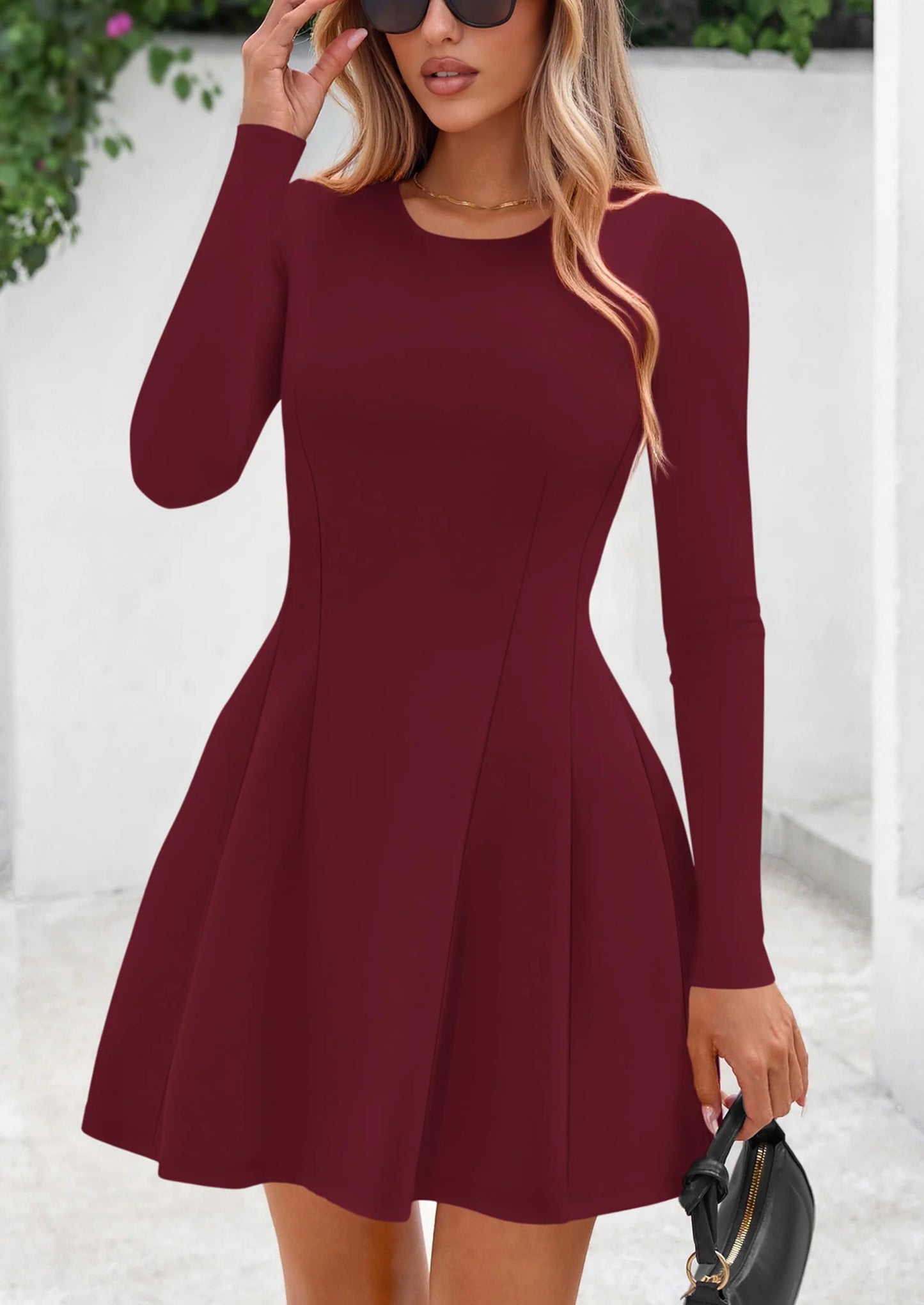 Long Sleeve Mini Dress for Women Fall Crewneck Knit Pleated Babydoll A Line Soft Casual Short Party Dresses