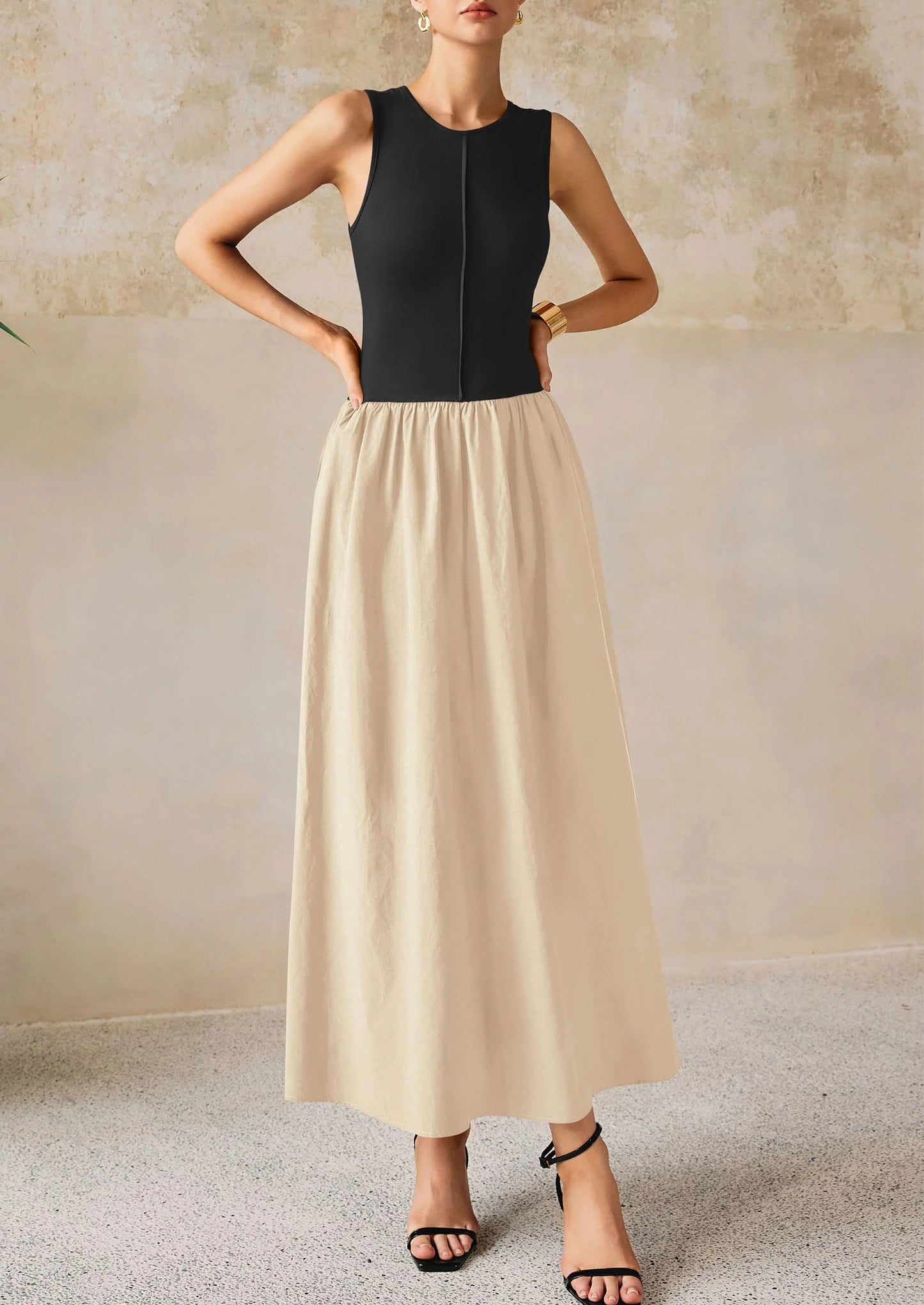 Women Maxi Dresses Casual Sleeveless Patchwork Knit Tank Dress Flowy Beach Sundress Long Dress