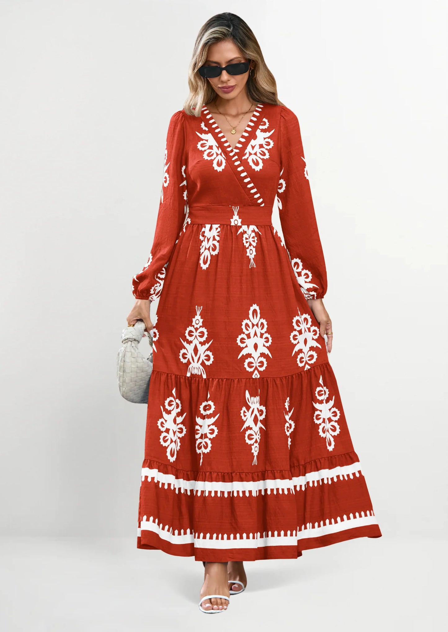 Women's Fall Wedding Guest Dresses Boho Floral Long Sleeve V Neck Flowy Elegant Maxi Dress Beach Clothes