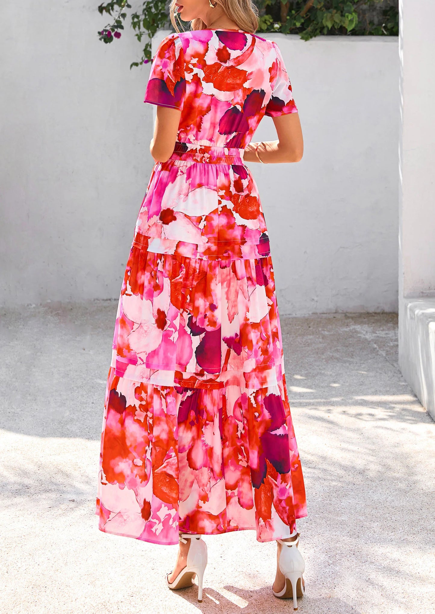 Women's Boho Maxi Dresses Floral Short Sleeve V Neck A Line Tiered Flowy Long Beach Vacation Dress