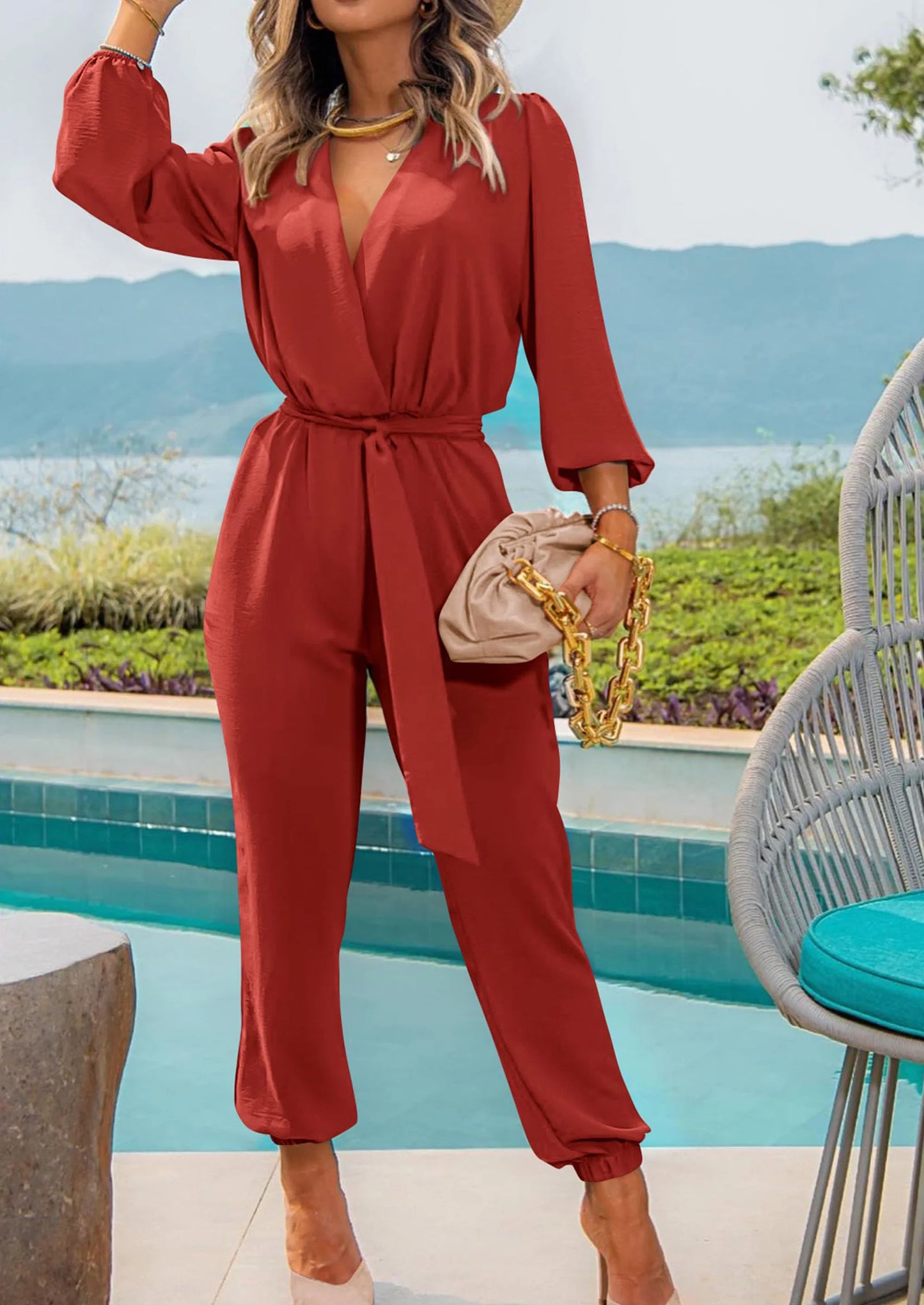 Women's Fall Jumpsuits Dressy Casual Pants Romper Spring Long Sleeve V Neck Belt Pockets One Piece Outfits