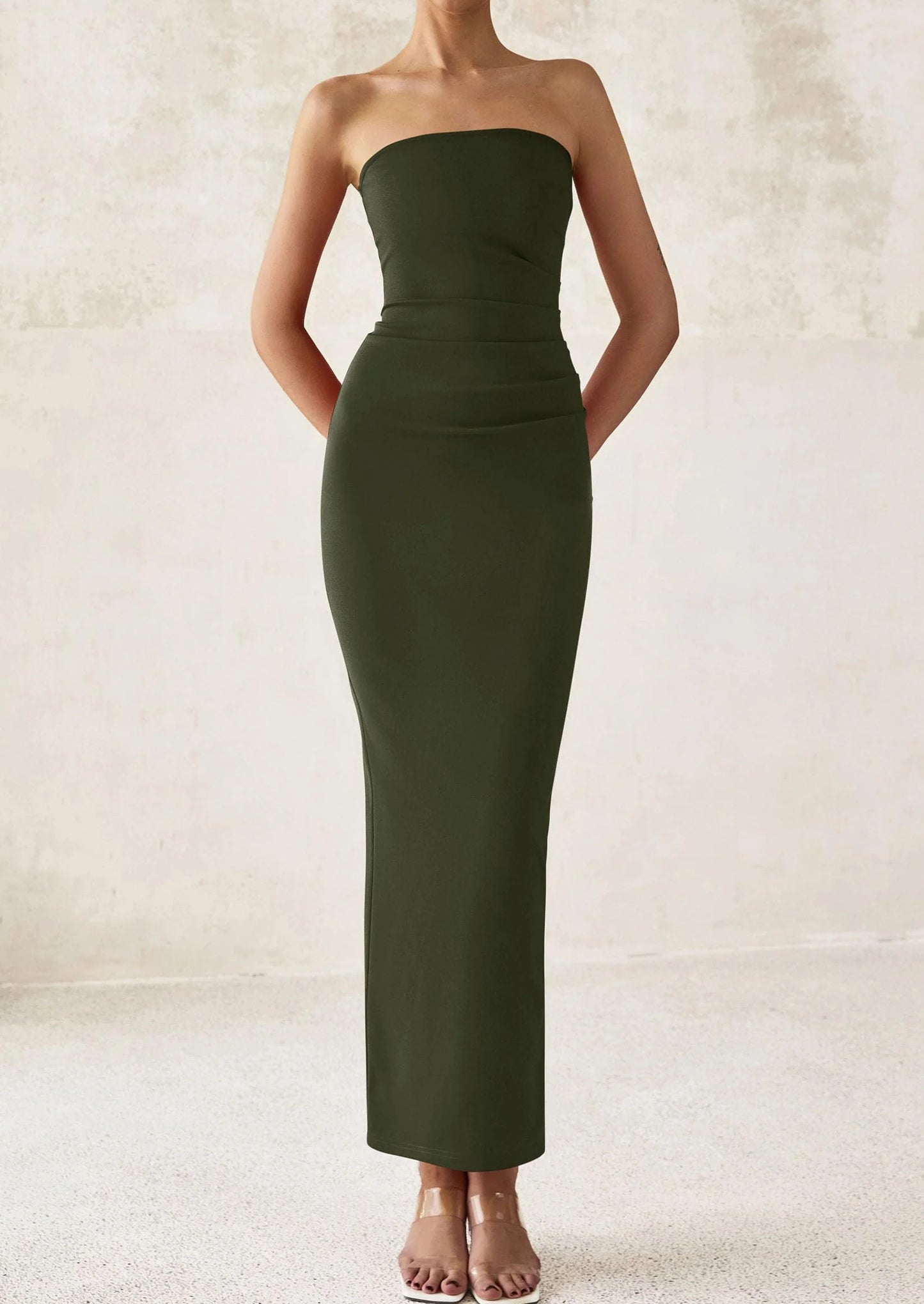Women's Semi Formal Cocktail Dresses Strapless Tube Bodycon Ruched Evening Wedding Guest Maxi Dress