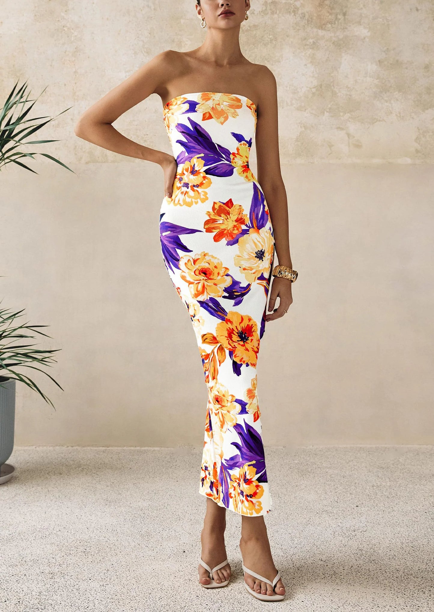 Women's Floral Bodycon Maxi Dresses Ribbed Strapless Tube Casual Boho Party Long Dress