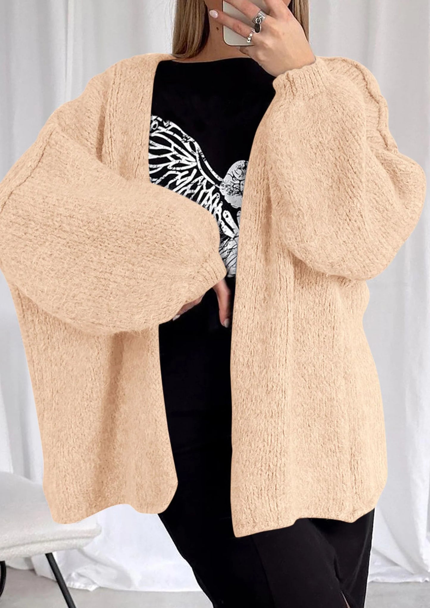 Womens Oversized Cardigan Sweaters Fall Long Lantern Sleeve Knit Open Front Lightweight Sweater