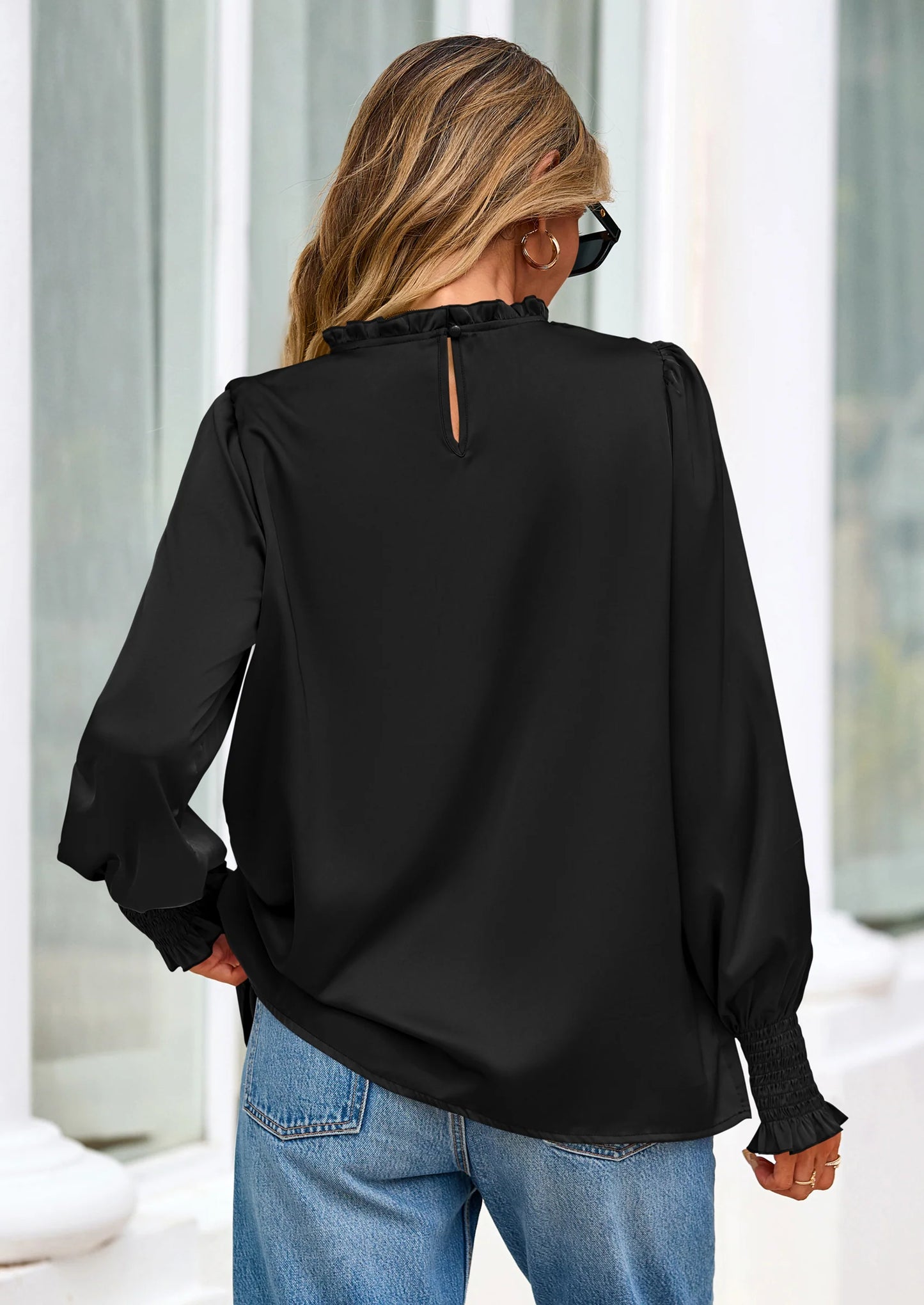 Blouses for Women Dressy Casual Fall Outfits Frill Neck Long Sleeve Shirts Satin Work Business Casual Tops