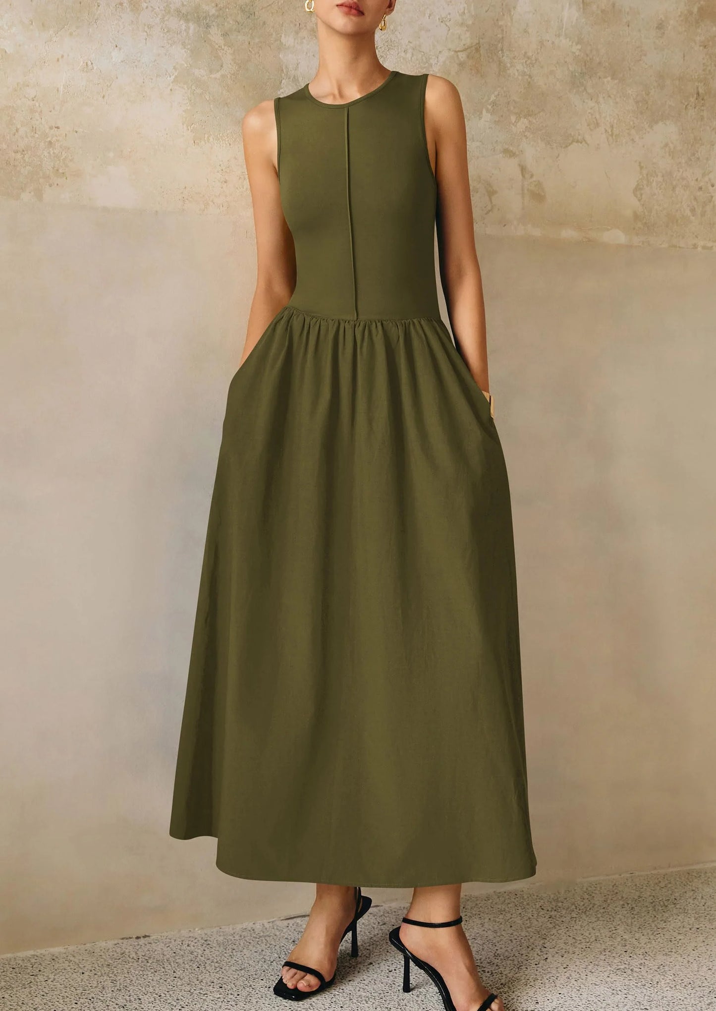 Women Maxi Dresses Casual Sleeveless Patchwork Knit Tank Dress Flowy Beach Sundress Long Dress