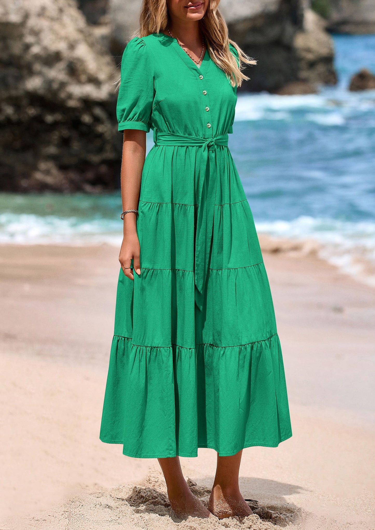 Women's Midi Dress Casual Short Sleeve V Neck Buttons Belted Ruffle A Line Flowy Dress with Pockets