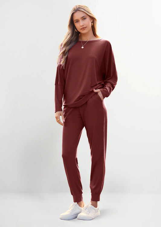 Women's Fall 2 Piece Lounge Set Long Sleeve Tops Ribbed Pants Spring Matching Sweatsuit Travel Outfits Clothes