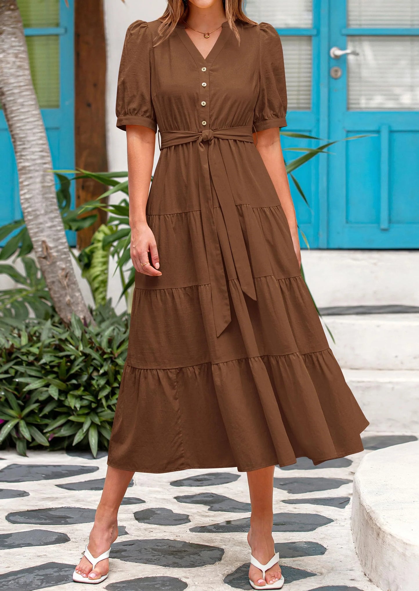 Women's Midi Dress Casual Short Sleeve V Neck Buttons Belted Ruffle A Line Flowy Dress with Pockets