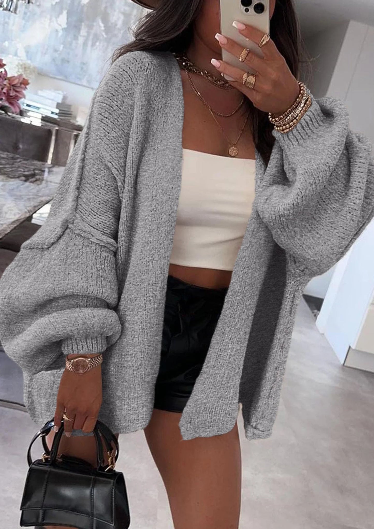 Womens Oversized Cardigan Sweaters Fall Long Lantern Sleeve Knit Open Front Lightweight Sweater