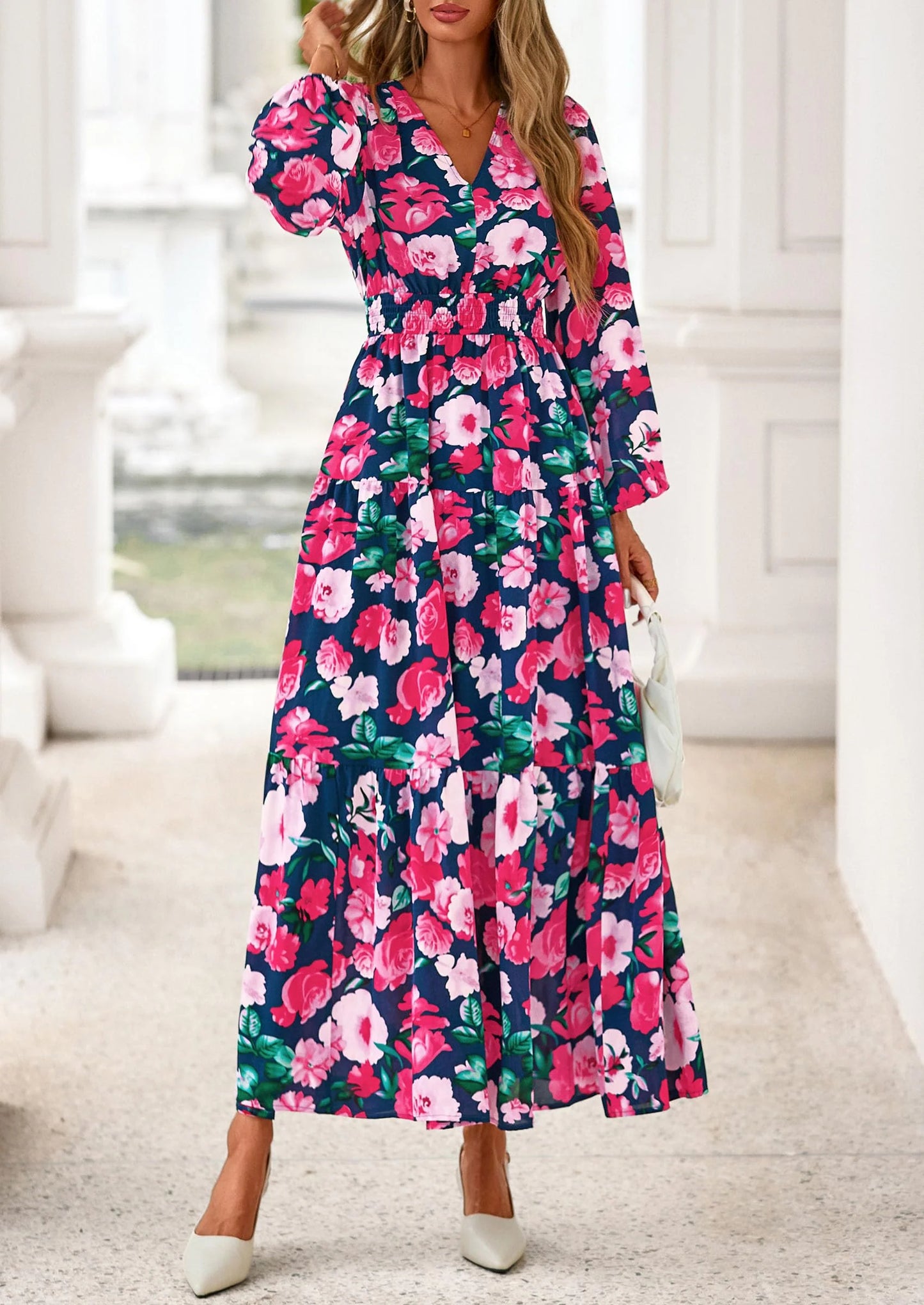 Long Sleeve Maxi Fall Dresses for Women Vneck Smocked Boho Floral Tiered Swing Flowy Wedding Guest Dress