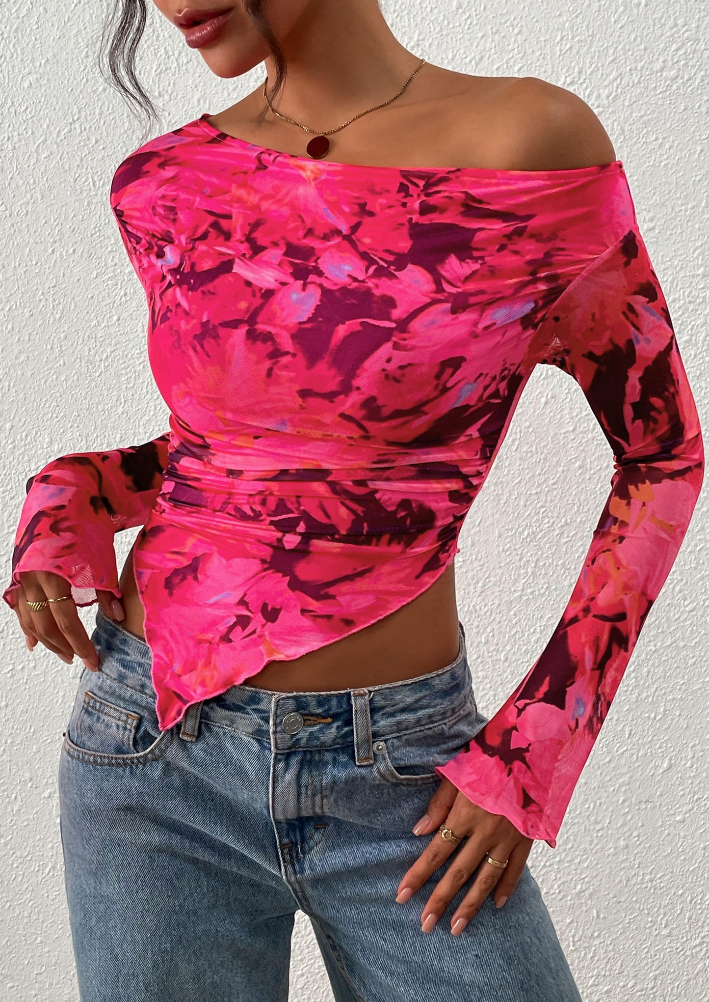 Womens Fall Trendy Off Shoulder Tops Tie Dye Mesh Long Sleeve Shirts Asymmetrical Ruched Floral Blouse