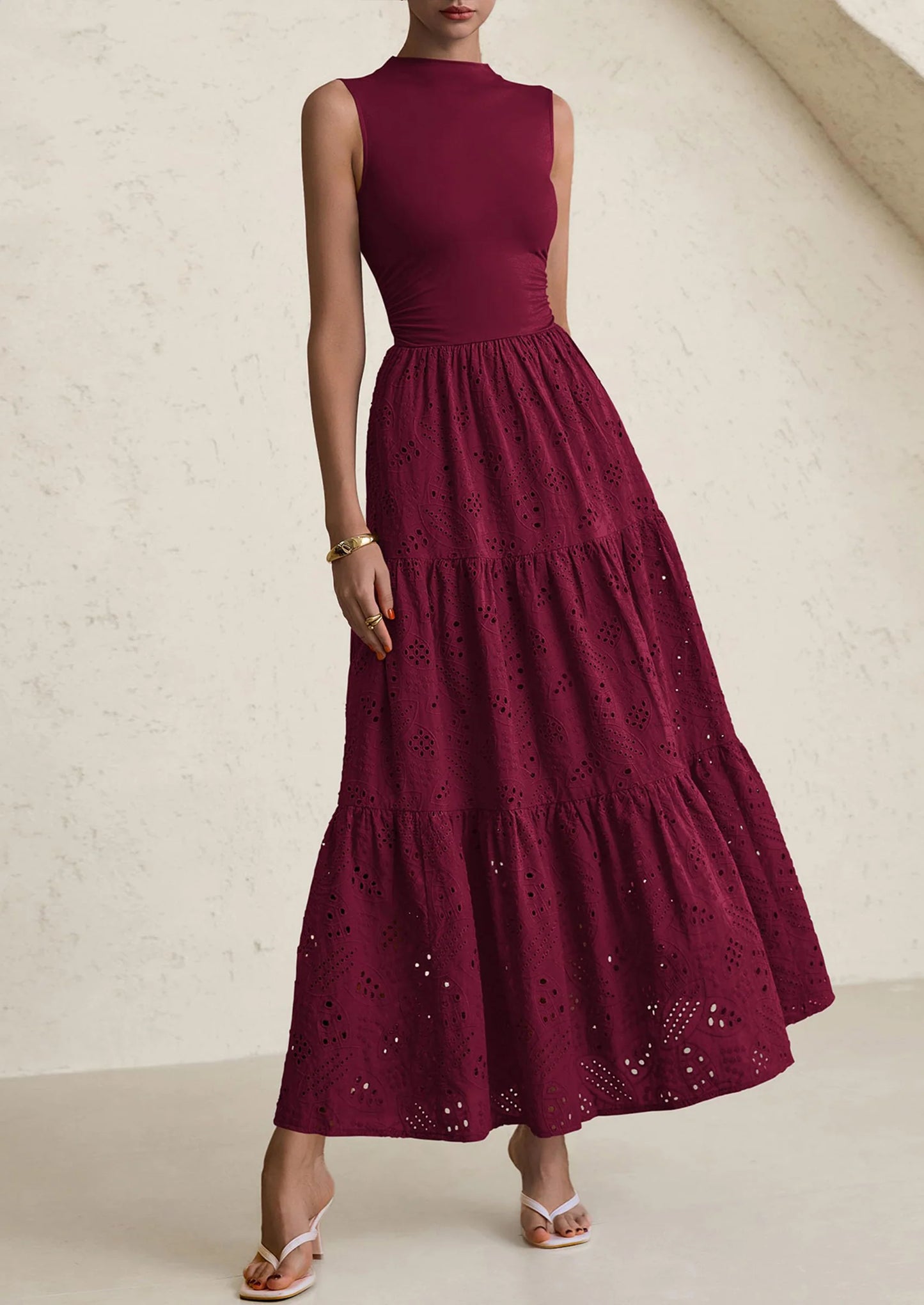 Dresses for Women Casual Eyelet Sleeveless Wedding Guest Maxi Dress Tank Top Sundress with Pockets