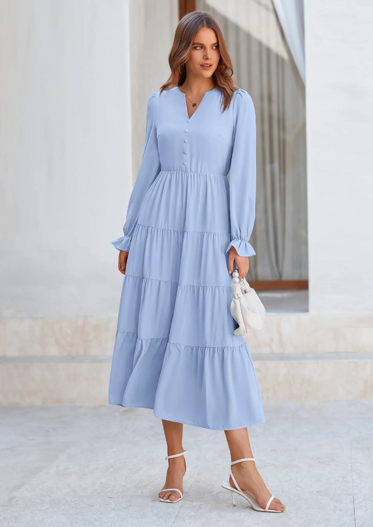 Women Fall Long Sleeve Smocked Maxi Dress Casual Square Neck Swiss Dot Tiered Ruffle Flowy Spring Pocket Dresses