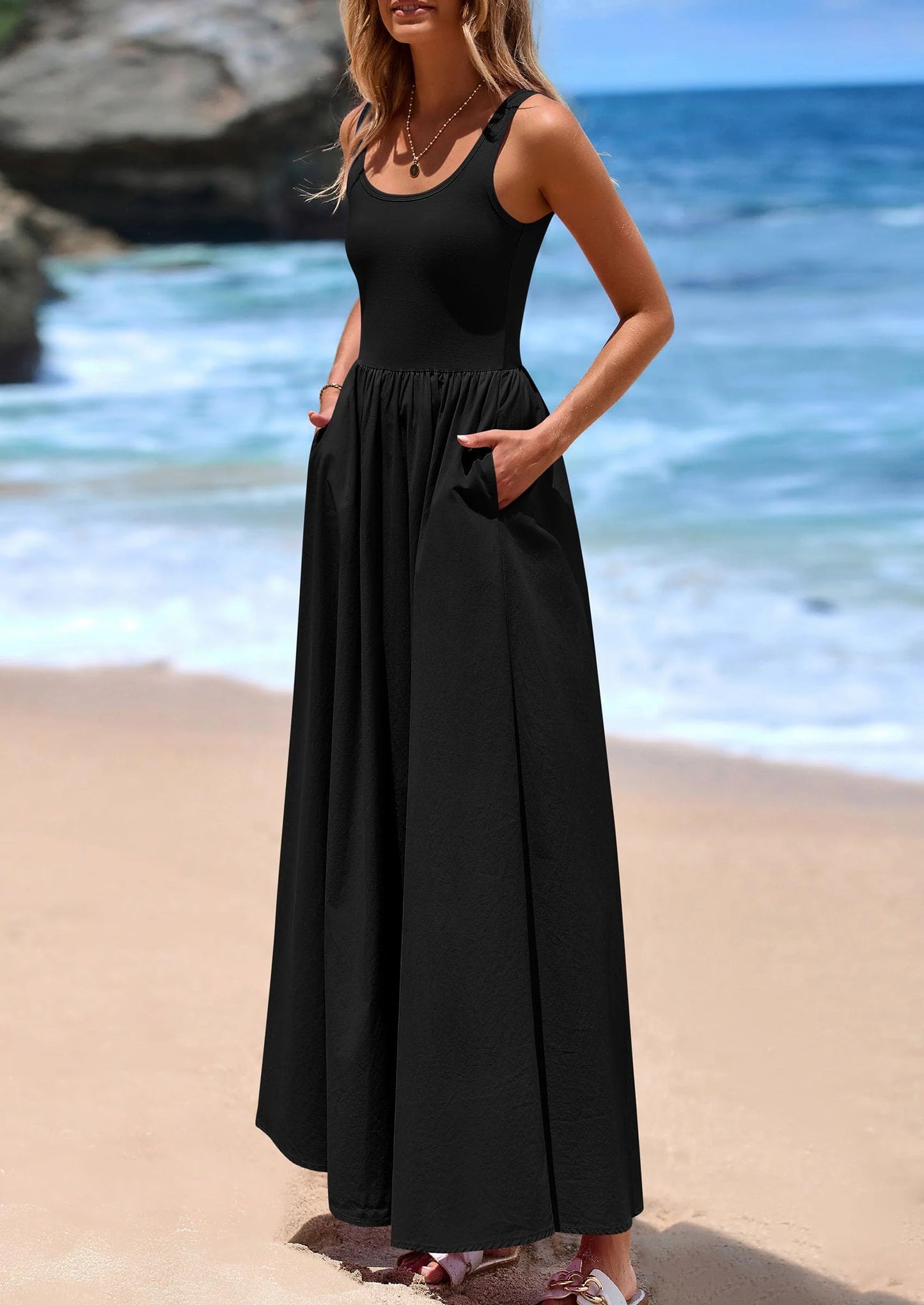 Womens Summer Casual Scoop Neck Sleeveless Long Dresses Tank Top Patchwork Aline Swing Maxi Dress with Pockets