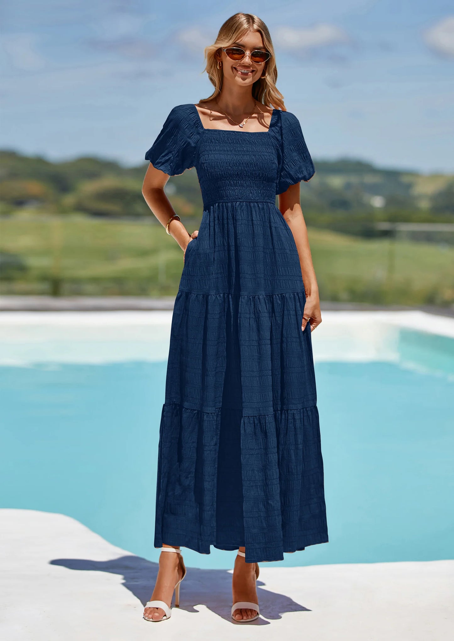 Womens Summer Puff Short Sleeve Maxi Dress Square Neck Smocked Tiered Ruffle A Line Long Flowy Beach Dresses