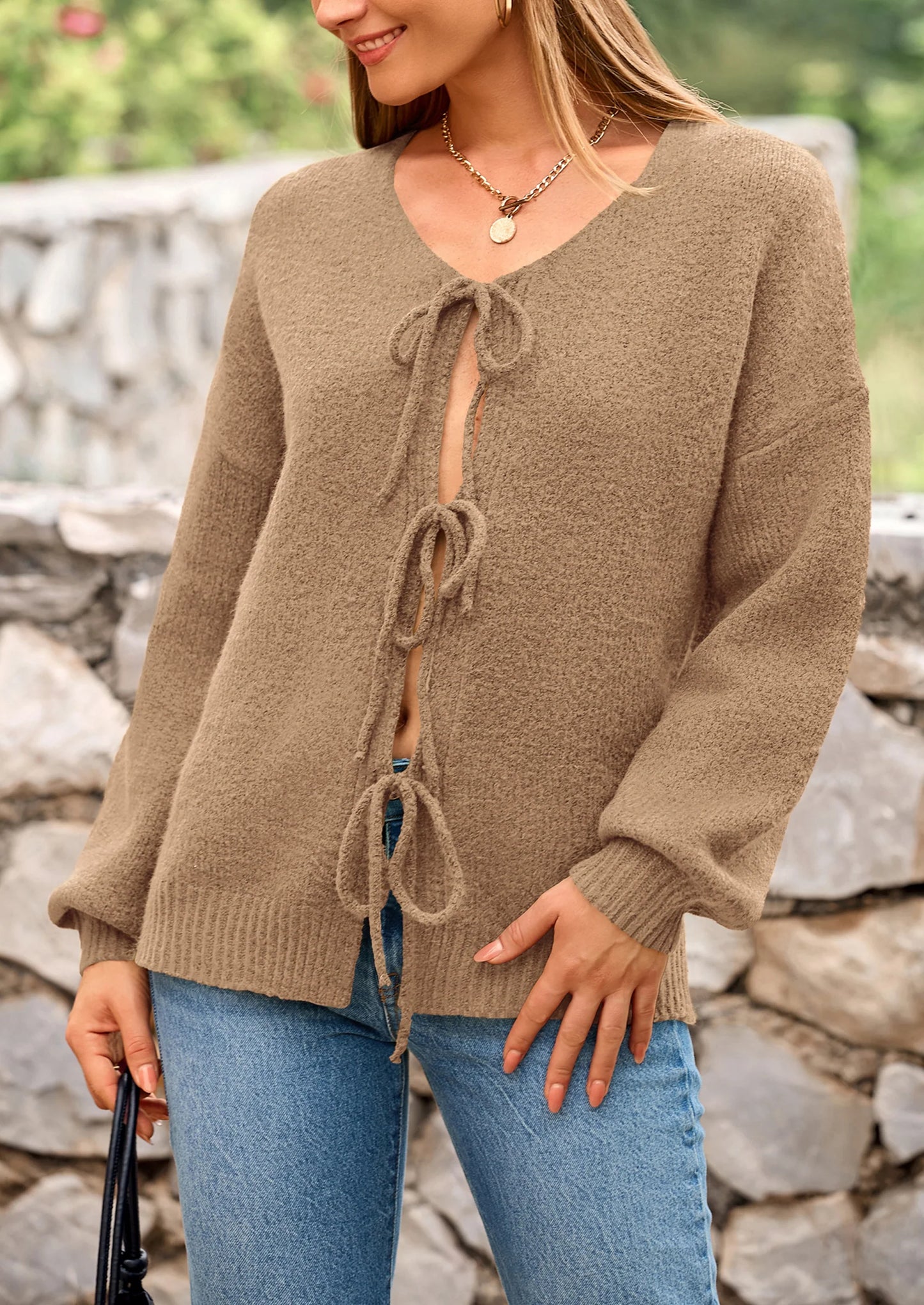 Women's Tie Front Bow Cardigan Sweaters Chunky Knit Long Puff Sleeve Trendy Fall Winter Jacket Coats