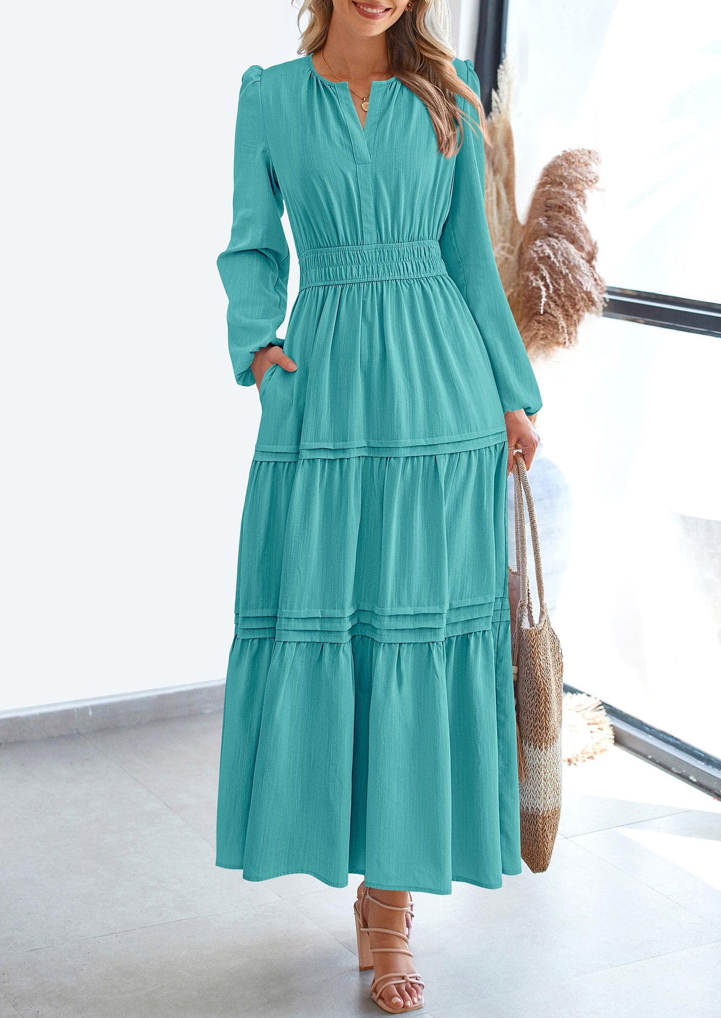 Women's Elegant Maxi Dresses Long Sleeve V Neck Flowy Pockets Casual Modest Dress Fall Fashion Clothes