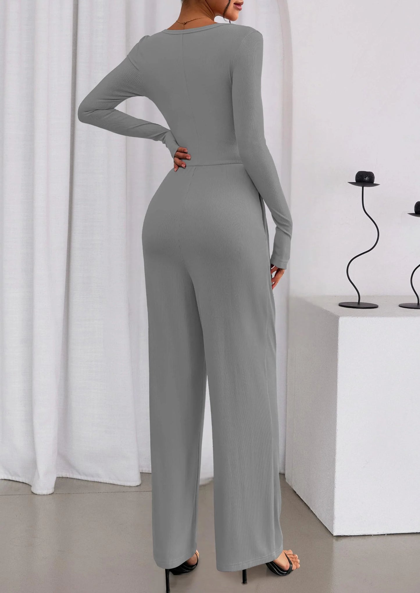 Jumpsuits for Women Dressy Casual Fall One Piece Outfits Long Sleeve Crew Neck Wide Leg Pants Rompers