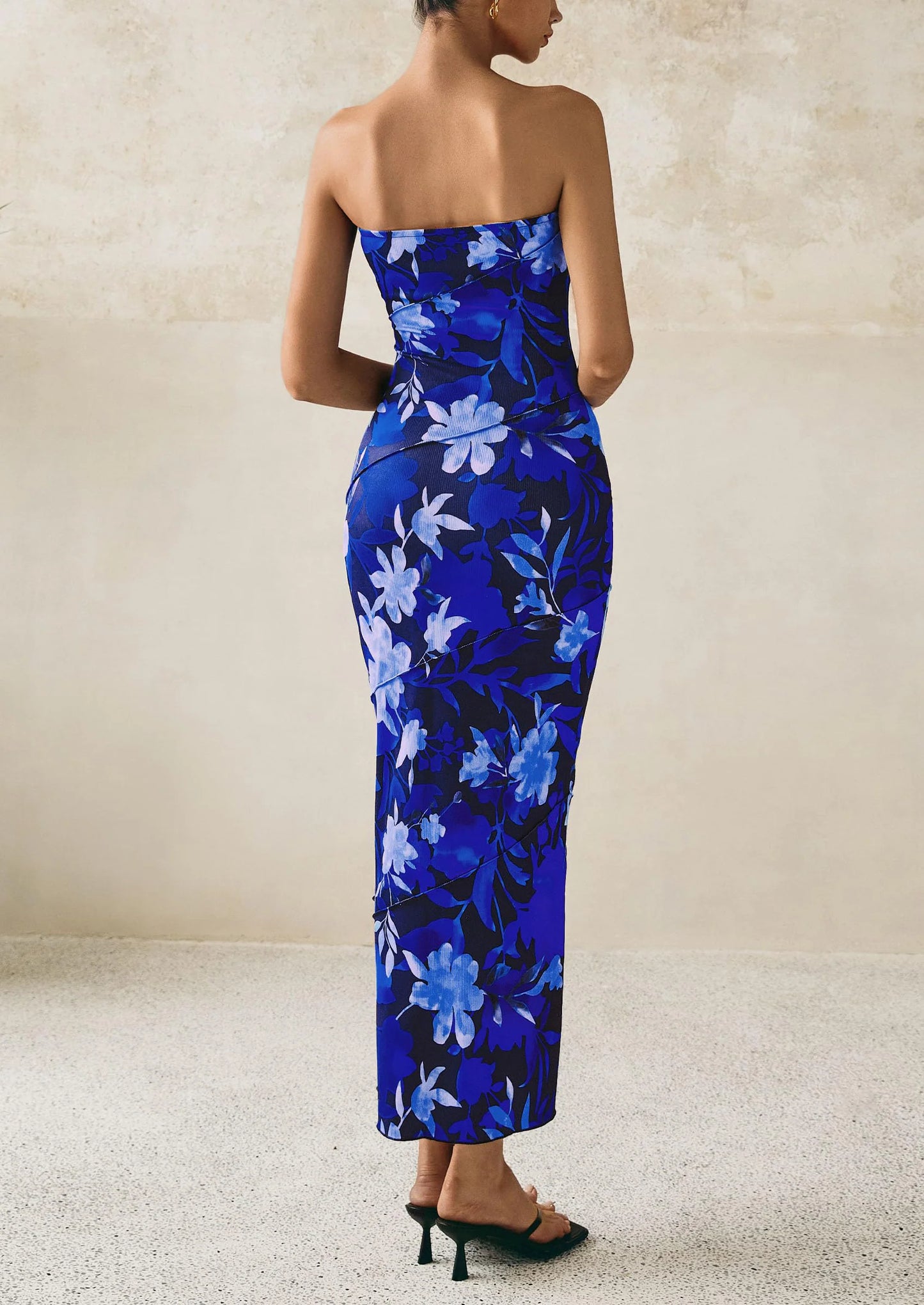 Women's Floral Bodycon Maxi Dresses Ribbed Strapless Tube Casual Boho Party Long Dress