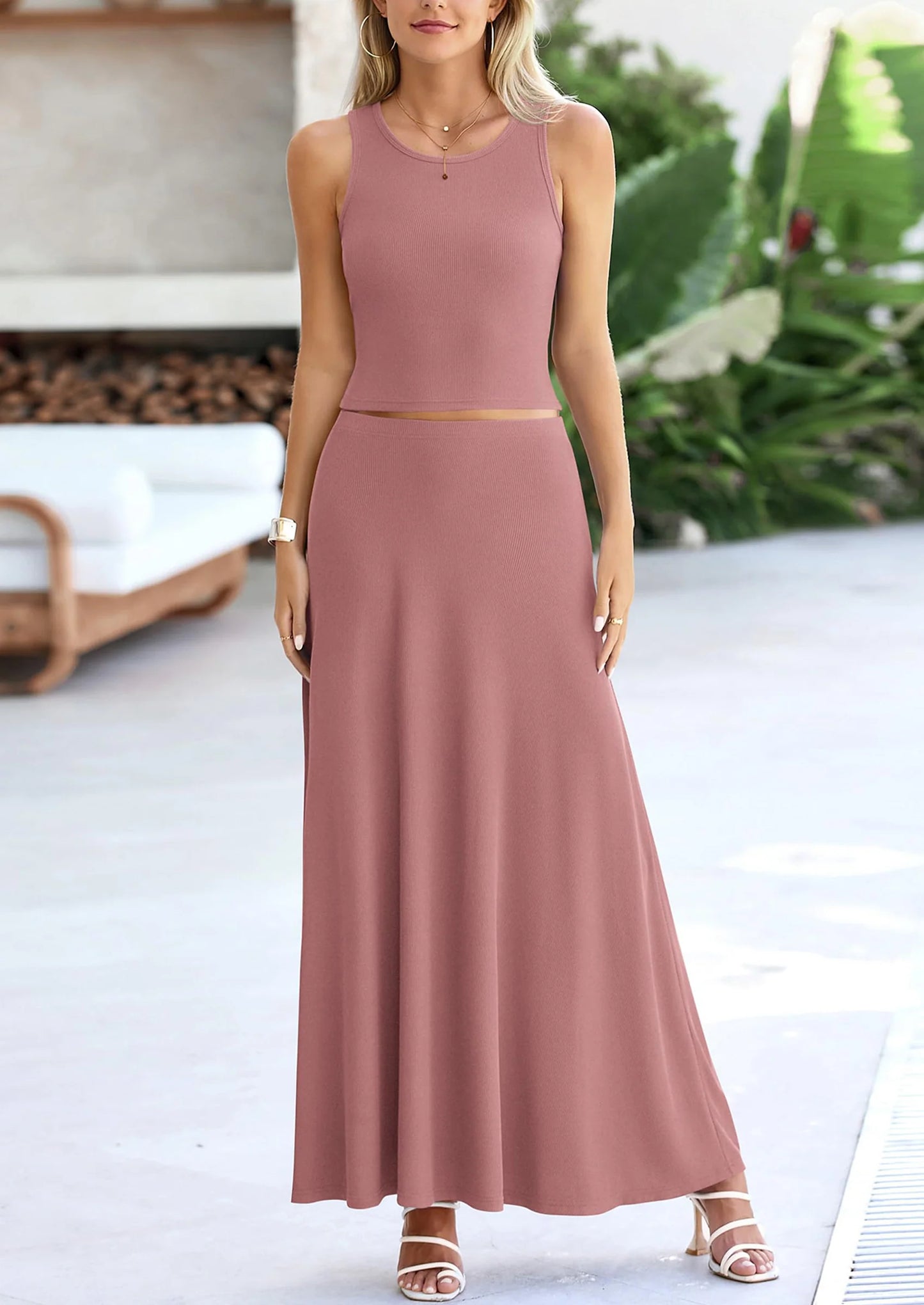 2 Piece Maxi Skirt Sets Casual Knit Cropped Tank Top High Waisted Long Skirts Outfit