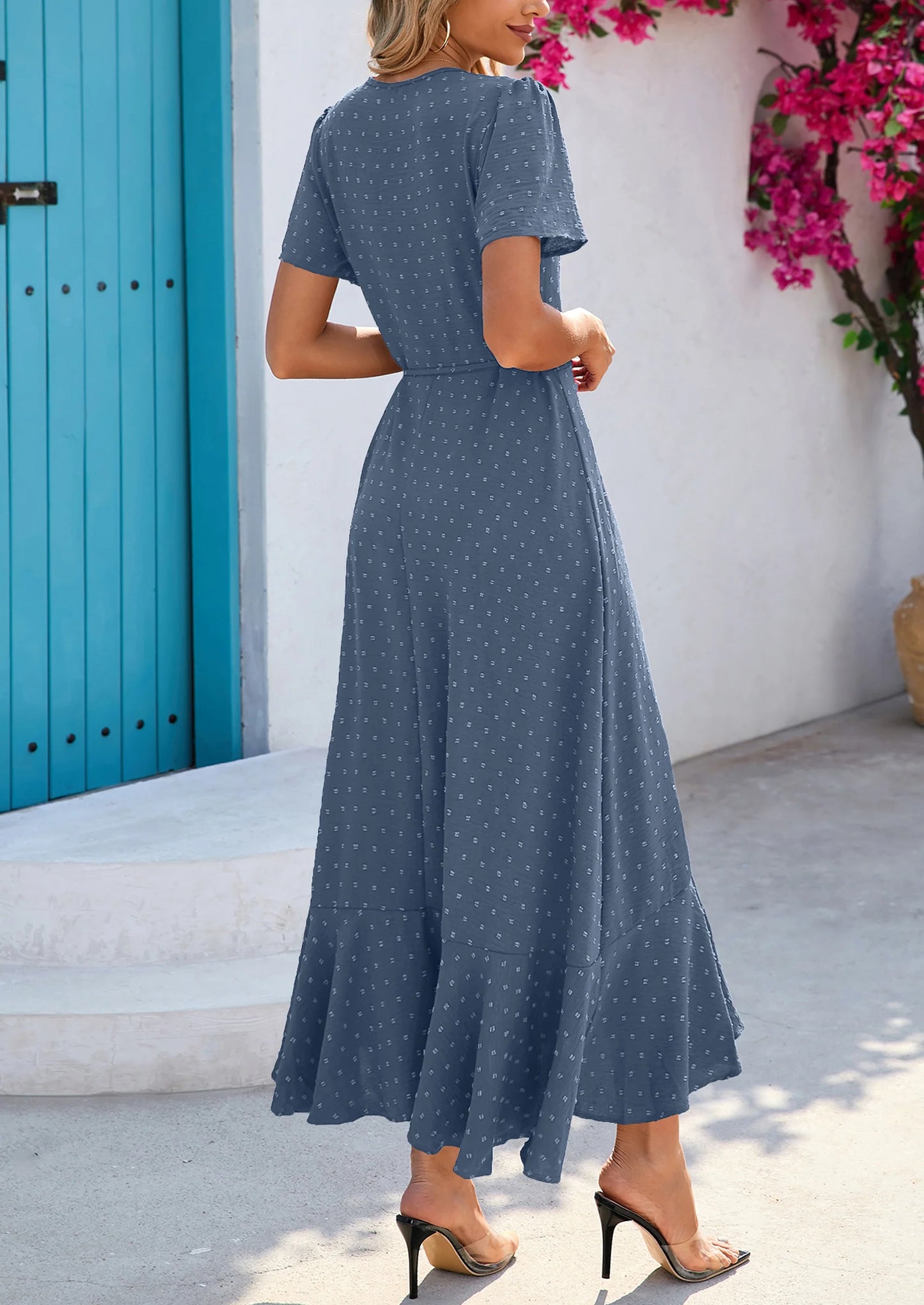 Women's Summer Maxi Dress Casual Wrap Floral Boho Short Sleeve V Neck Split Ruffle Beach Long Dresses