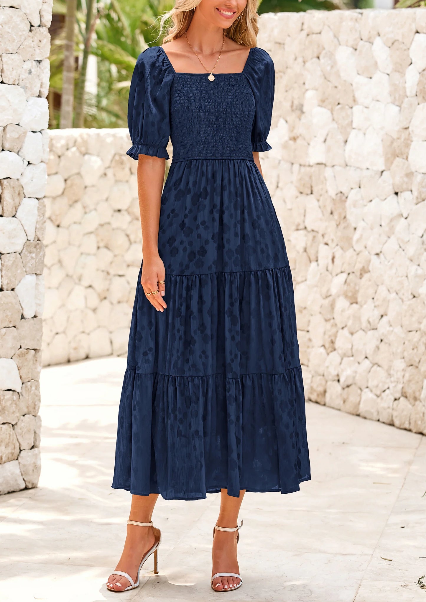 Women's Casual Midi Dresses Square Neck Short Sleeve Smocked A Line Floral Flowy Elegant Boho Dress
