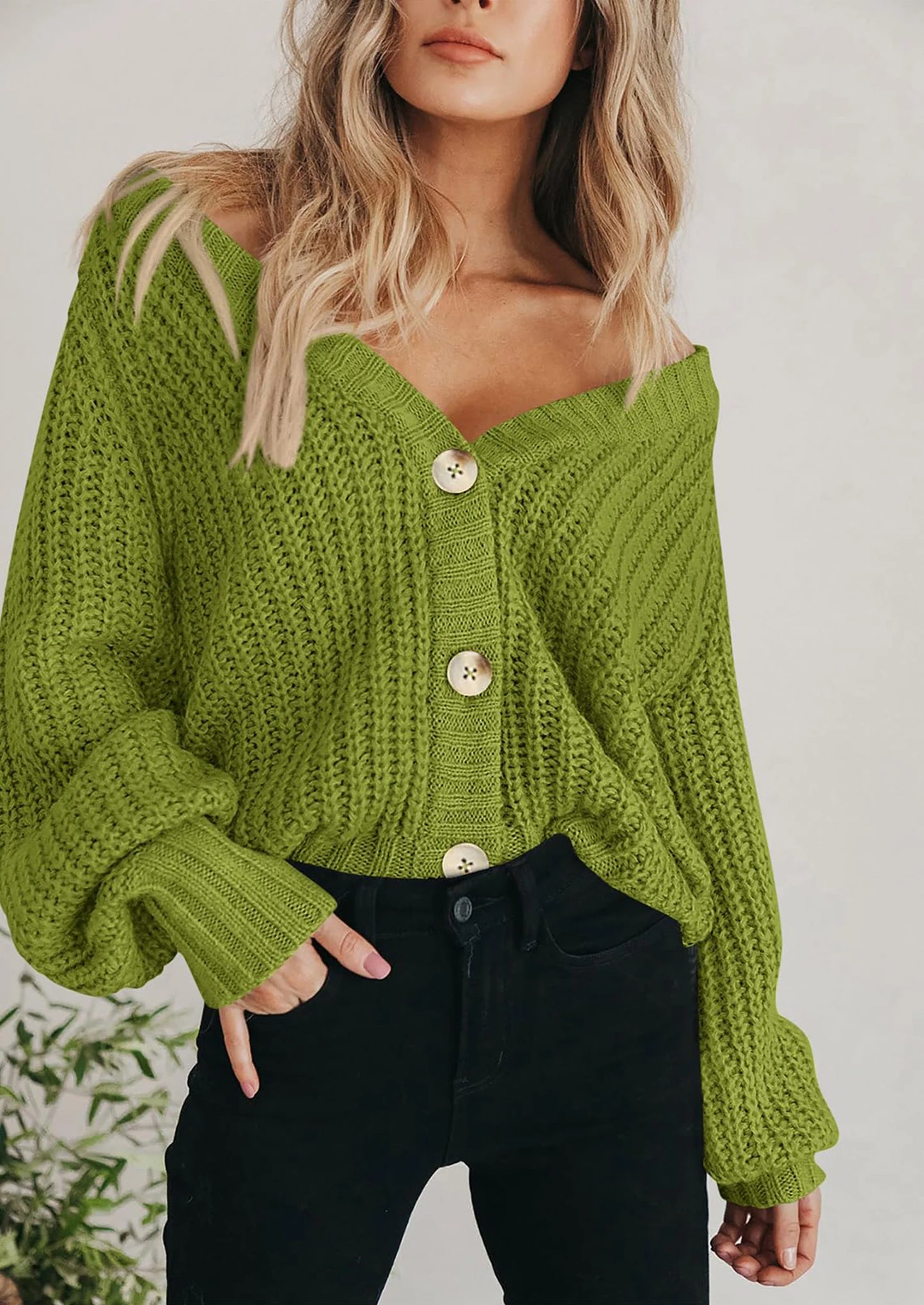Women's Chunky Knit Open Front Sweater Long Sleeve Button Loose Short Cardigan Outerwear Coats