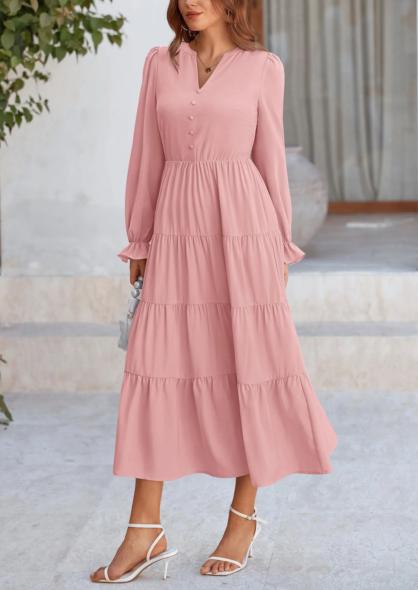 Women Fall Long Sleeve Smocked Maxi Dress Casual Square Neck Swiss Dot Tiered Ruffle Flowy Spring Pocket Dresses